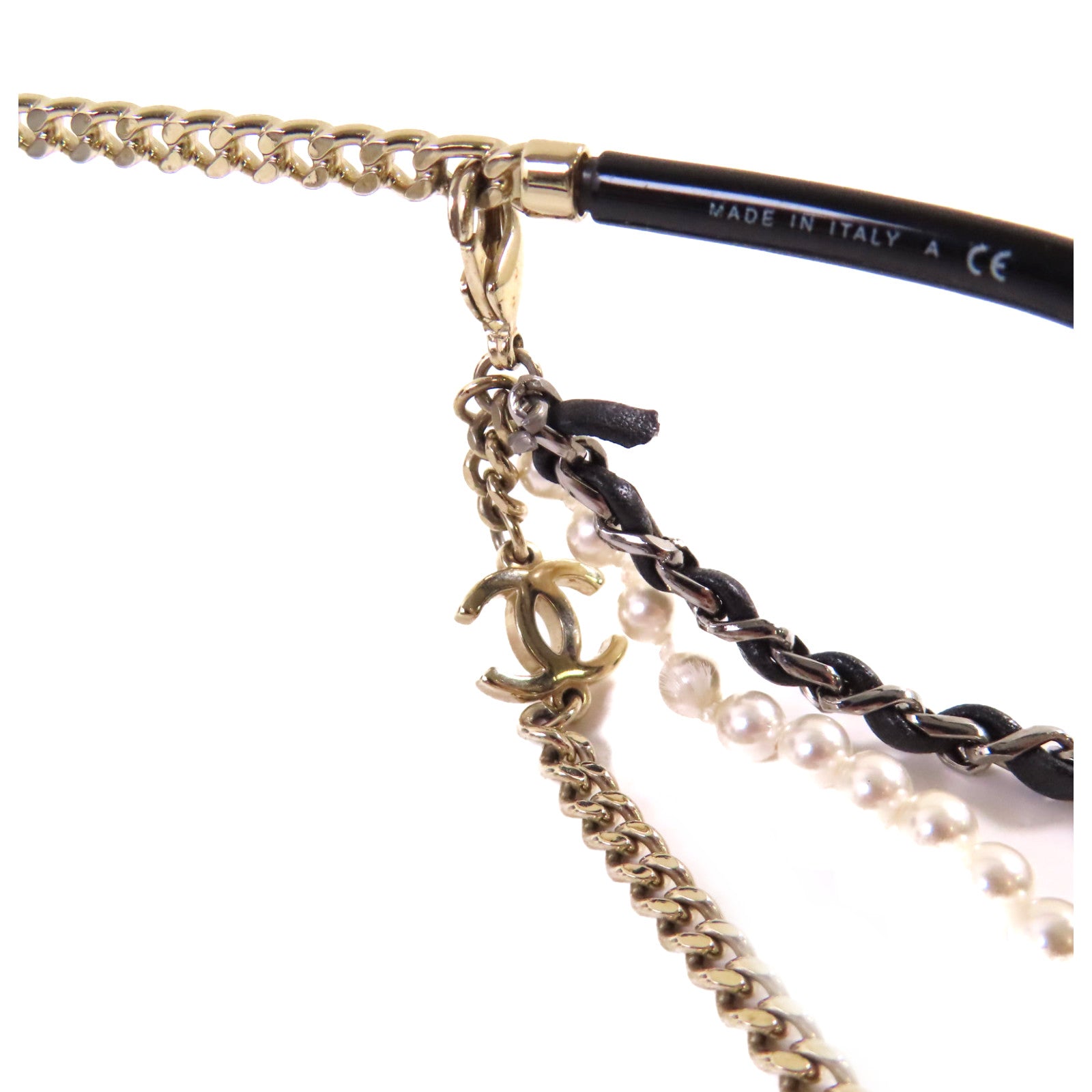CHANEL 金屬/PVC/仿珍珠Sunglasses with Strap太陽眼鏡黑色