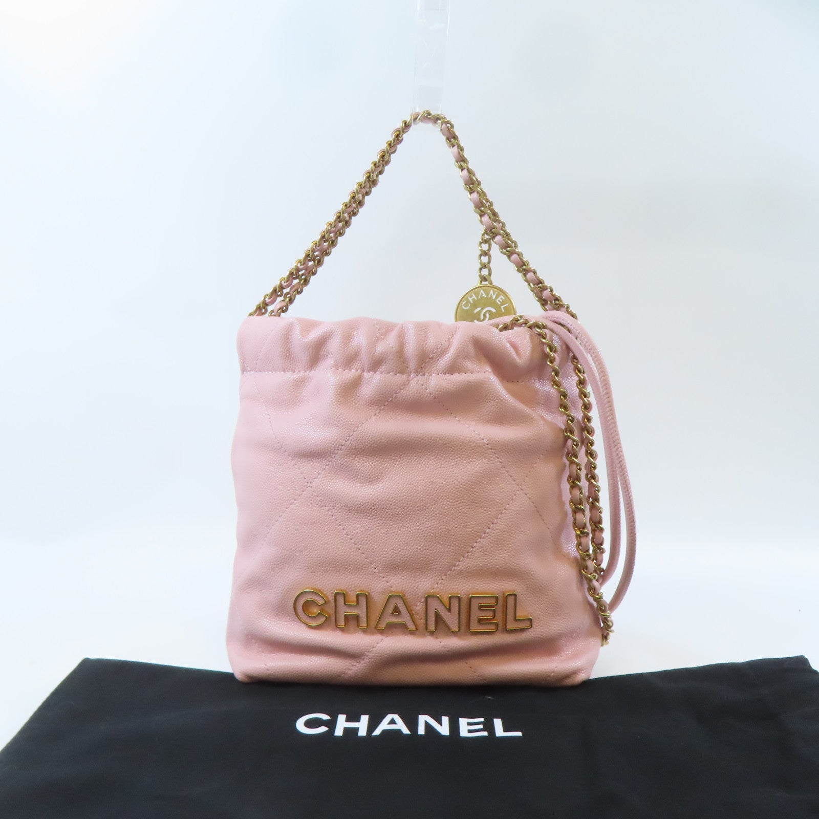 CHANEL 菱格牛皮皮革C22 Mini金扣手挽肩背兩用袋粉紅色