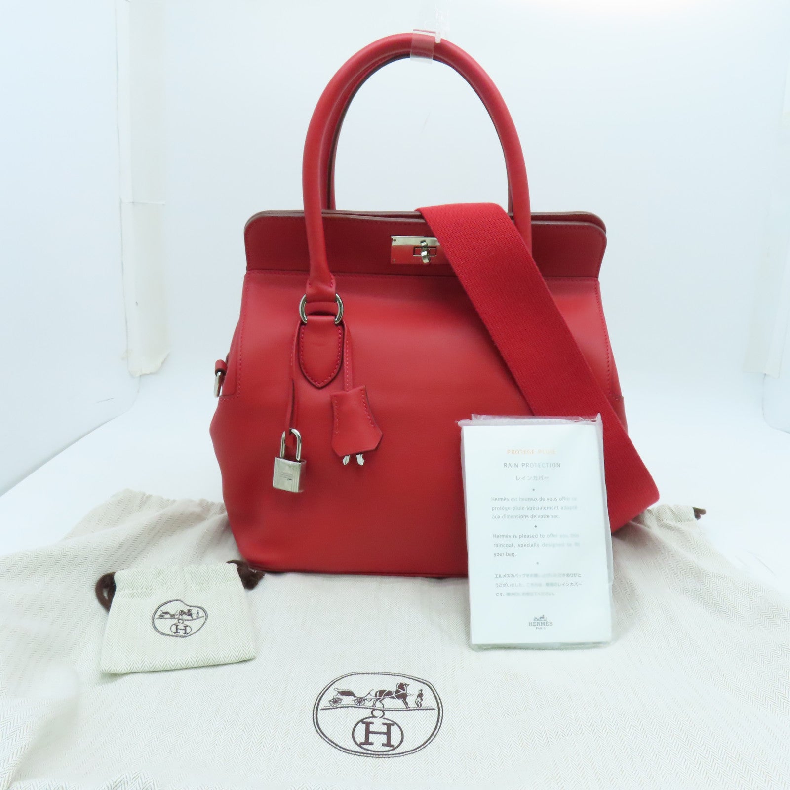 HERMES Swift Leather Tool Box Silver Buckle Handle Shoulder Bag Red