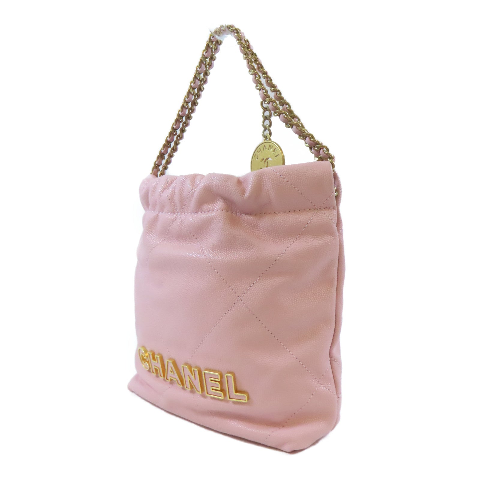 CHANEL 菱格牛皮皮革C22 Mini金扣手挽肩背兩用袋粉紅色