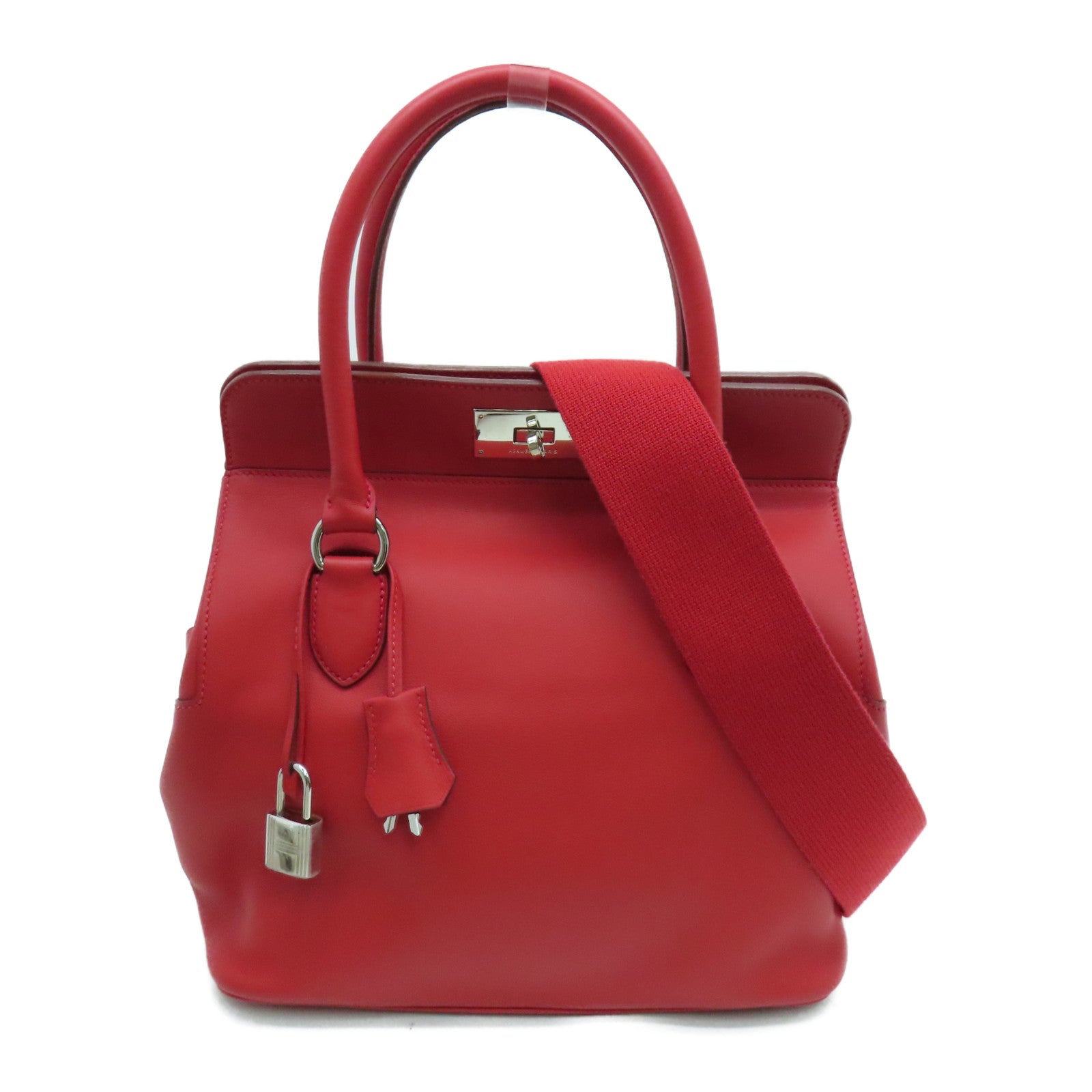 HERMES Swift Leather Tool Box Silver Buckle Handle Shoulder Bag Red