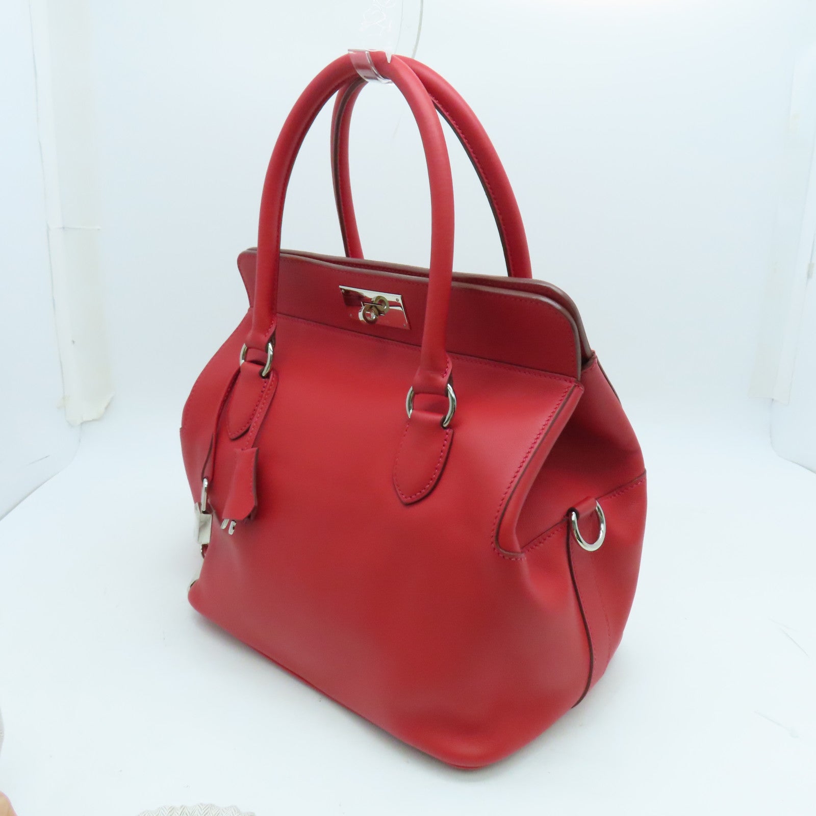HERMES Swift Leather Tool Box Silver Buckle Handle Shoulder Bag Red