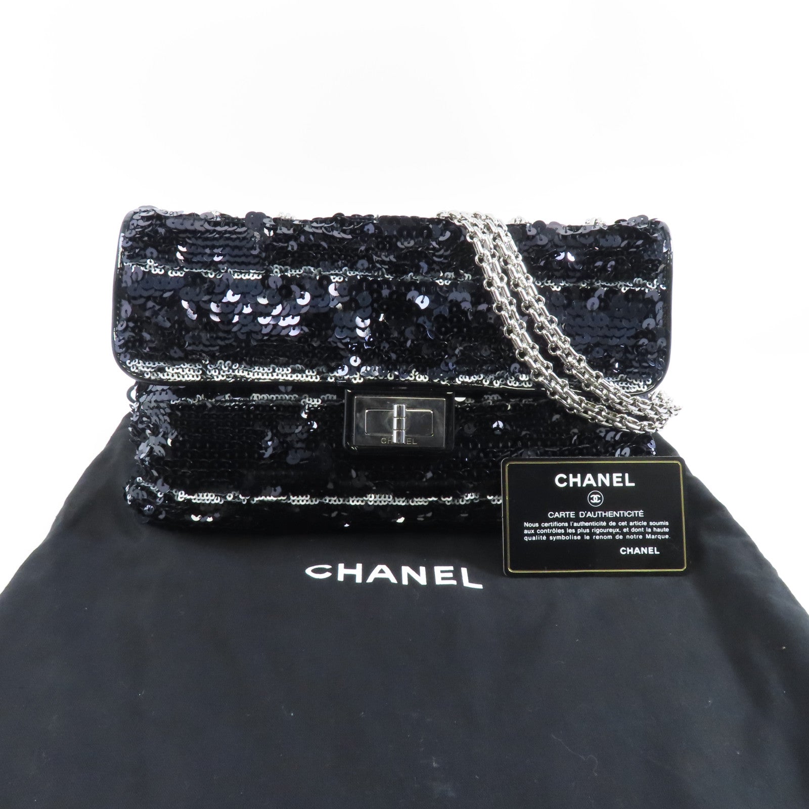 CHANEL 亮片Chain Shoulder銀扣鏈帶肩背袋黑色