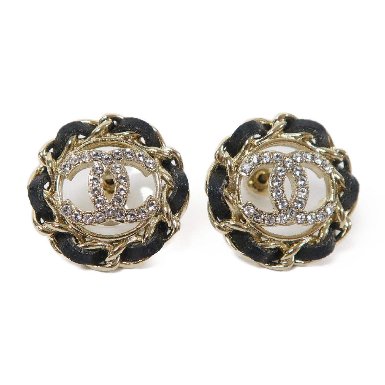 CHANEL 皮革/金屬Earrings耳環金色/黑色