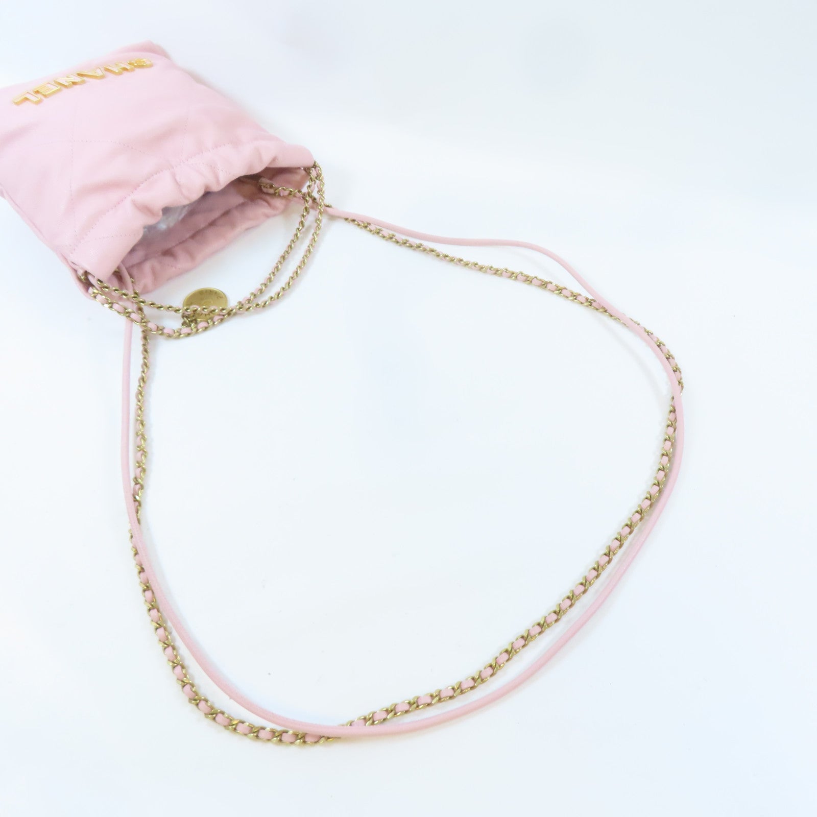 CHANEL 菱格牛皮皮革C22 Mini金扣手挽肩背兩用袋粉紅色