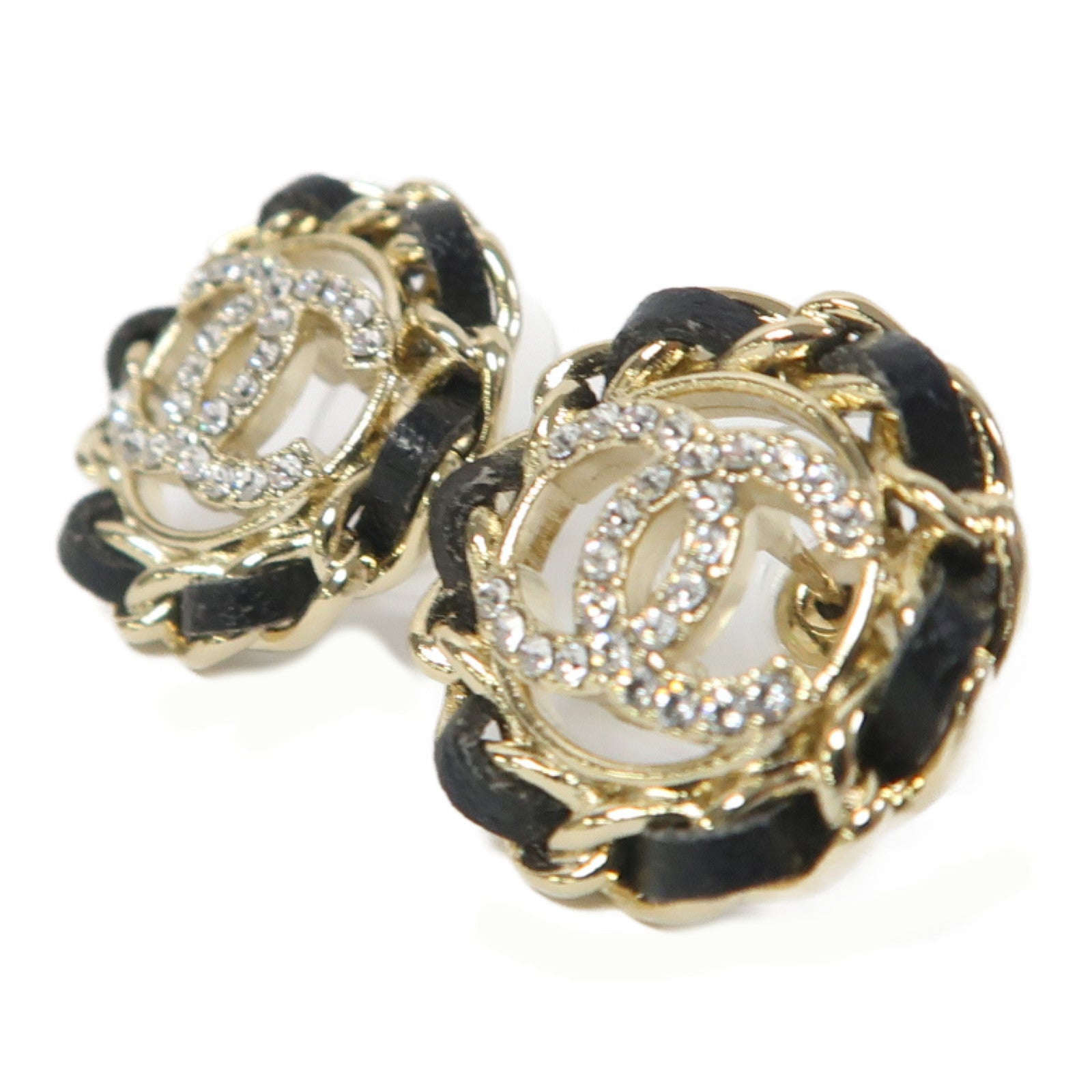 CHANEL 皮革/金屬Earrings耳環金色/黑色