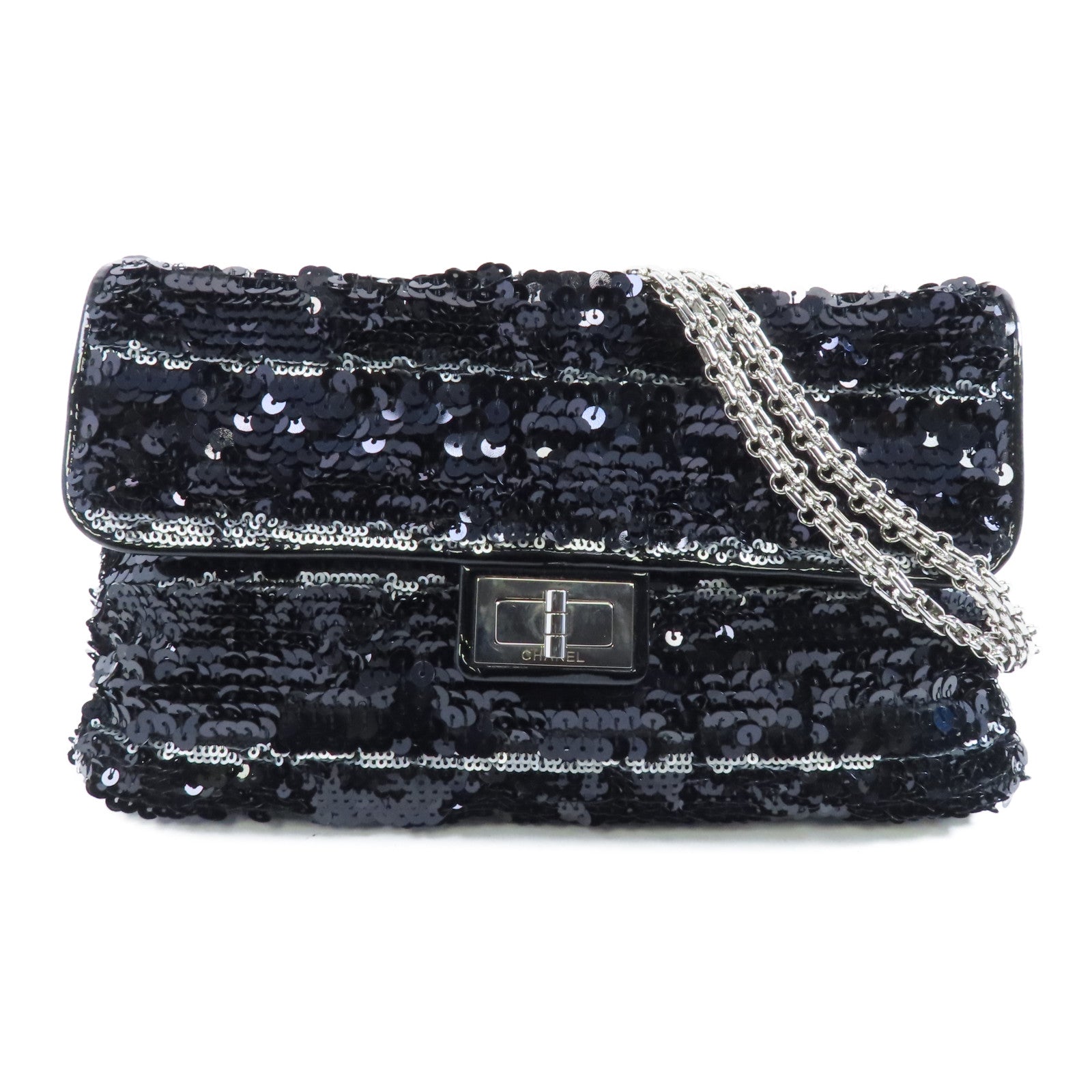 CHANEL 亮片Chain Shoulder銀扣鏈帶肩背袋黑色