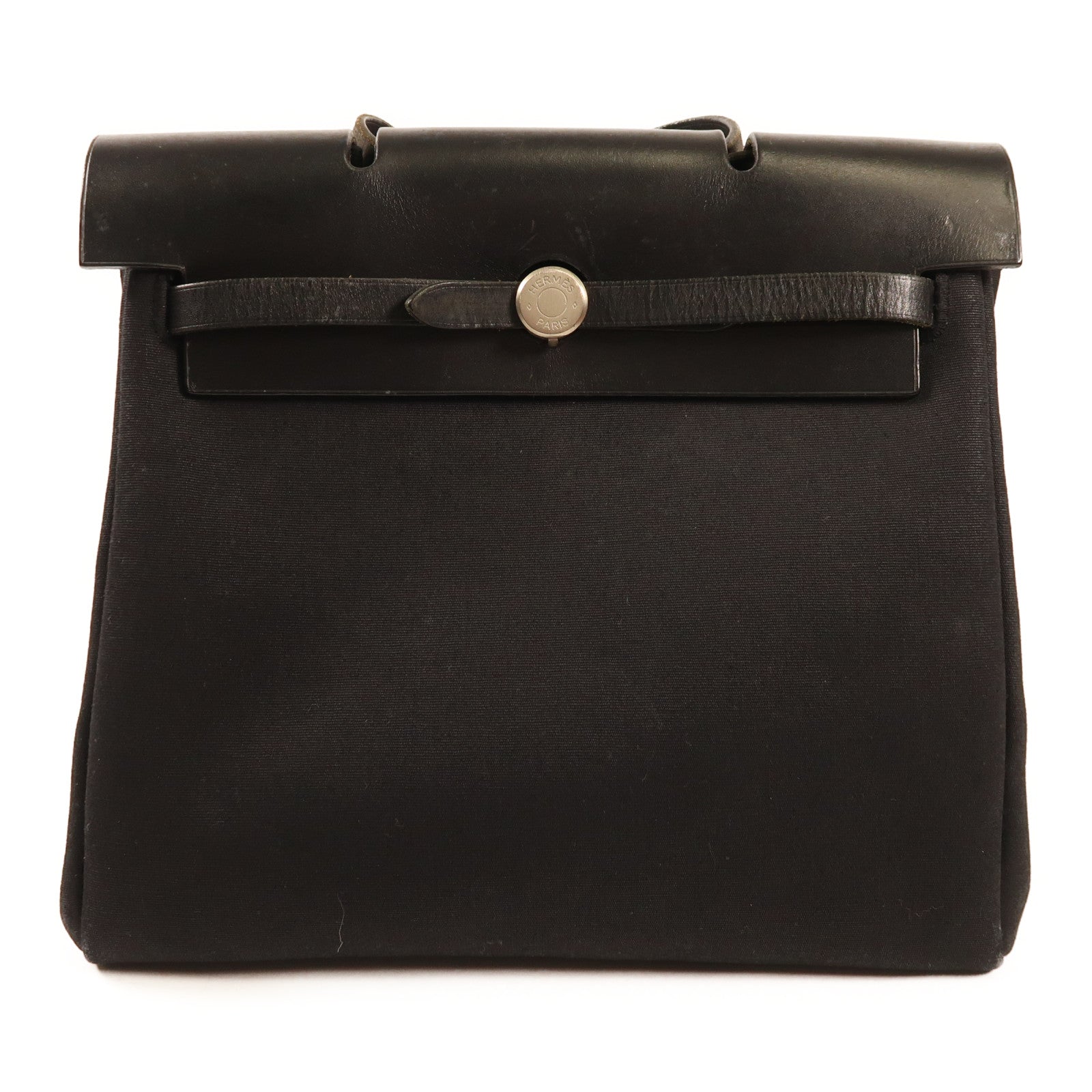 HERMES 帆布/皮革Herbag銀扣背包89 Noir/黑色