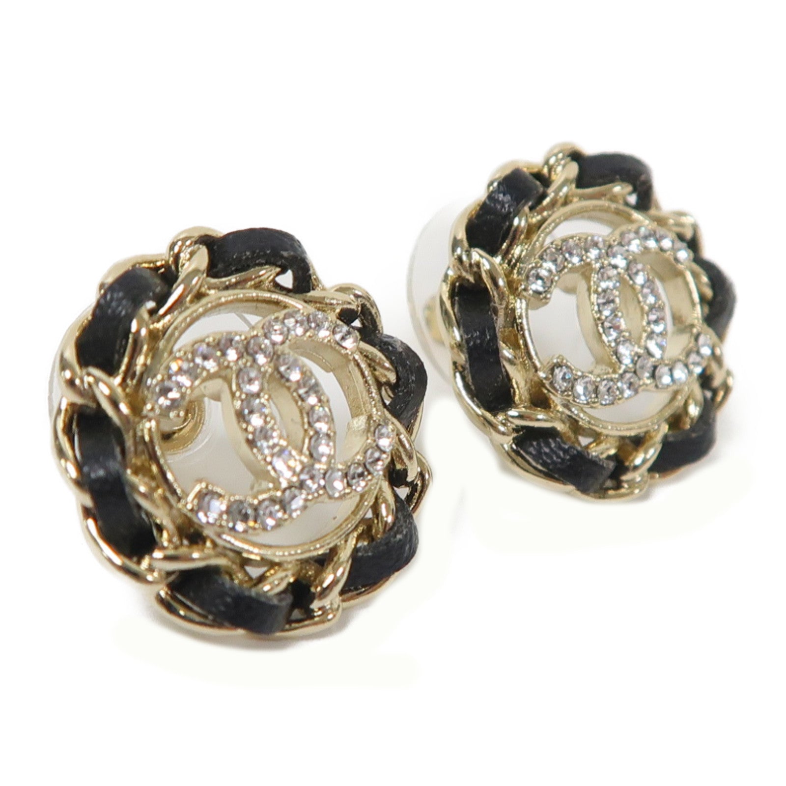 CHANEL 皮革/金屬Earrings耳環金色/黑色