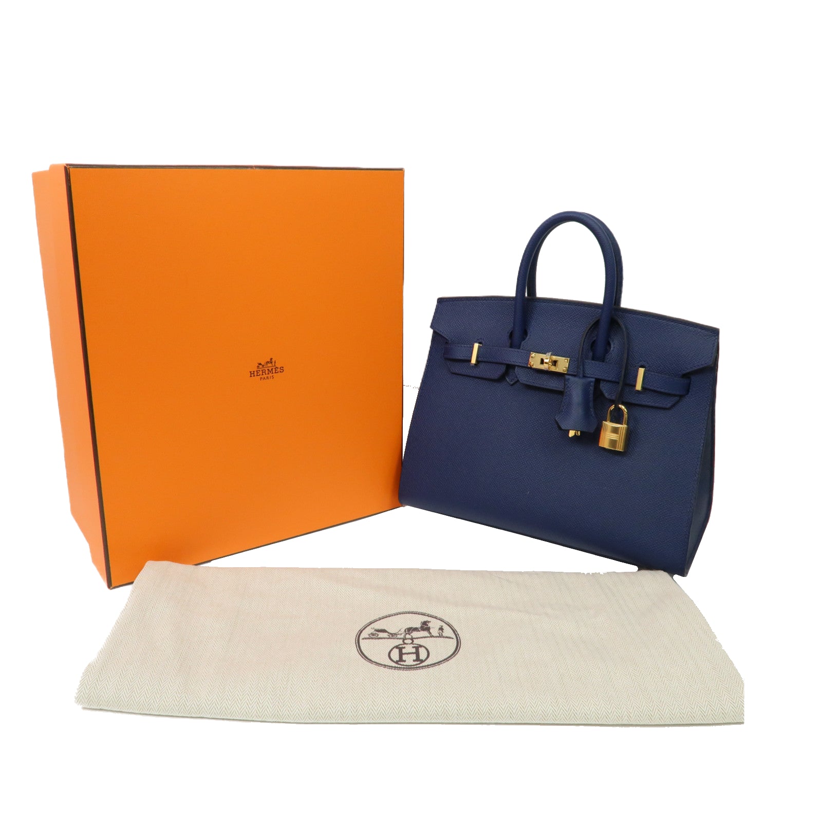 HERMES Epsom皮革Birkin Sellier 25金扣手挽袋Bleu Navy寶藍色