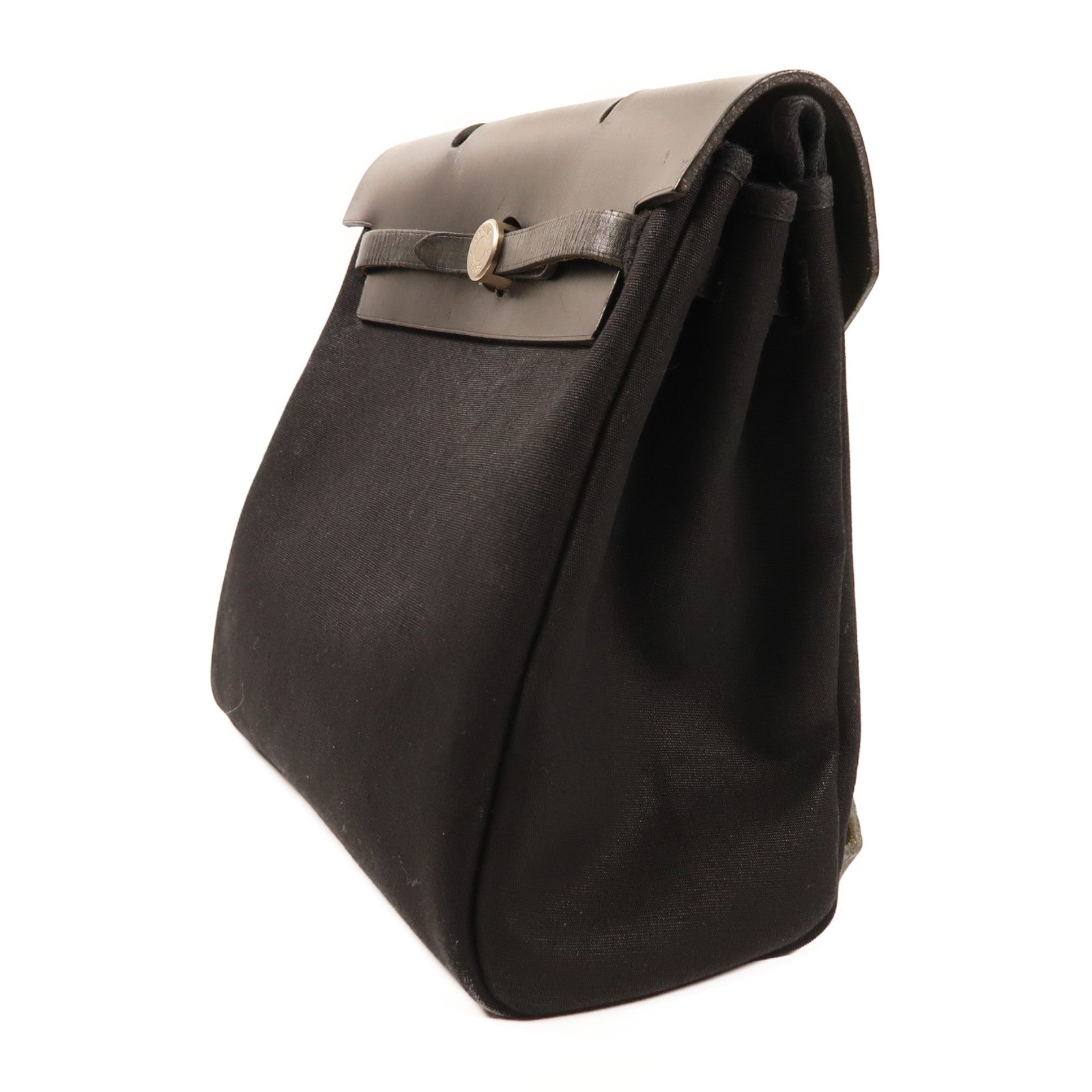 HERMES 帆布/皮革Herbag銀扣背包89 Noir/黑色