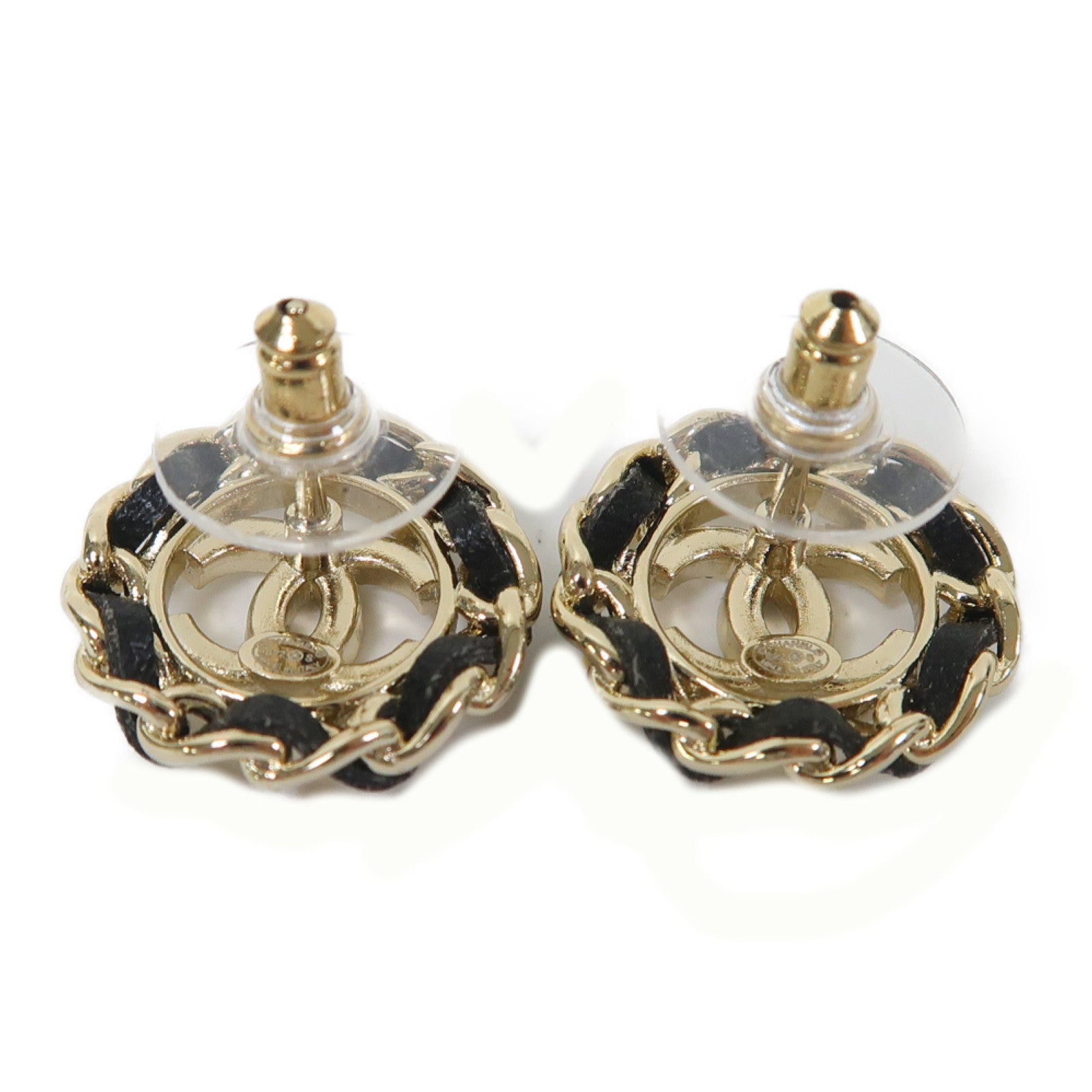 CHANEL 皮革/金屬Earrings耳環金色/黑色
