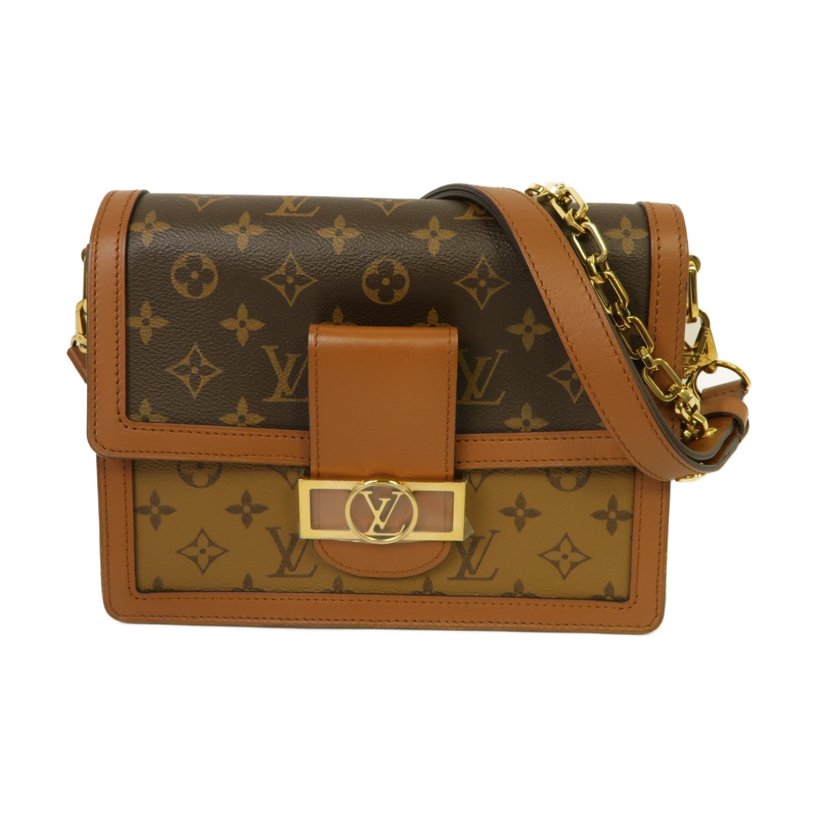 LOUIS VUITTON Monogram Reverse Dauphine金扣鏈帶肩背袋棕色