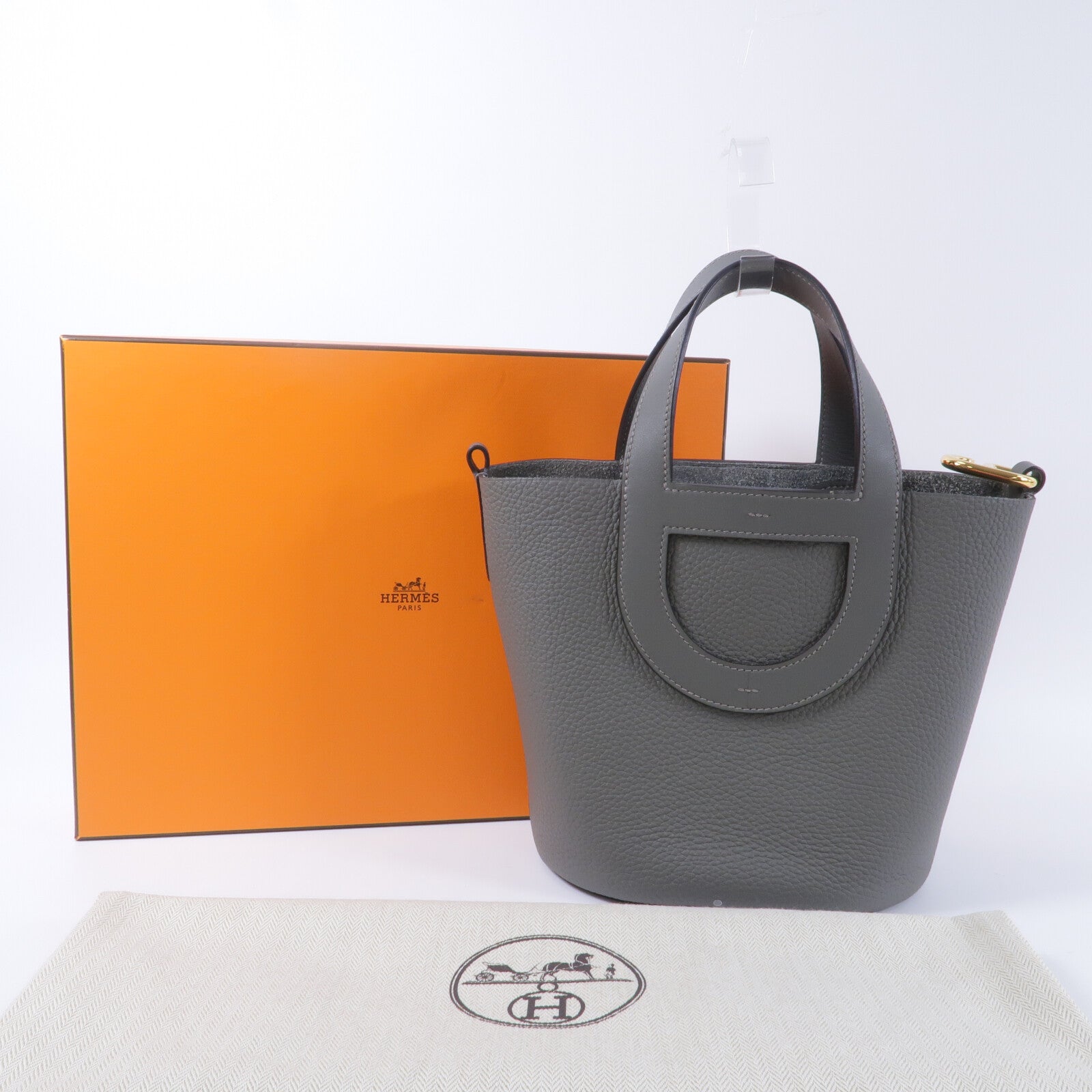HERMES Clemence皮革In The Loop 18手挽袋Gris Meyer