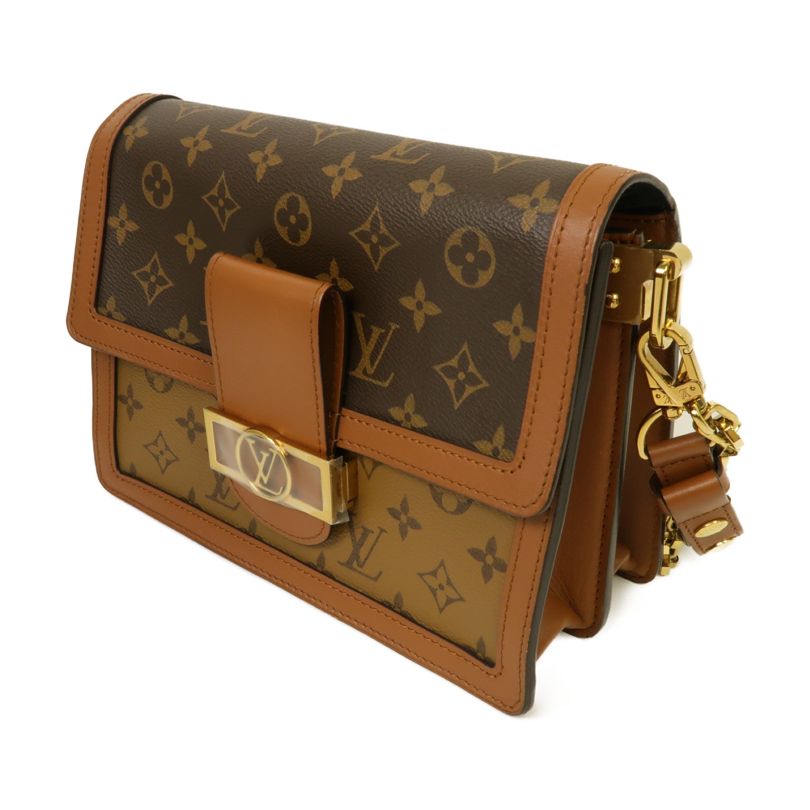 LOUIS VUITTON Monogram Reverse Dauphine金扣鏈帶肩背袋棕色