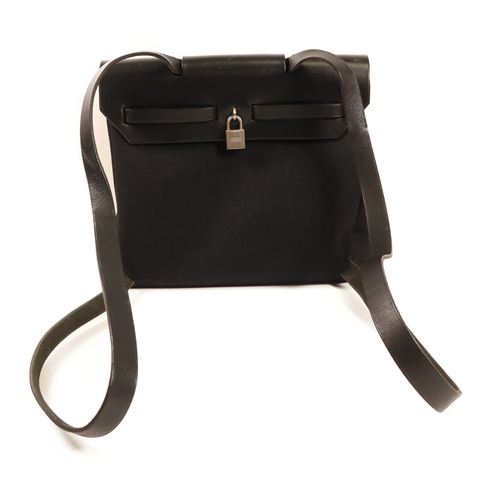 HERMES 帆布/皮革Herbag銀扣背包89 Noir/黑色