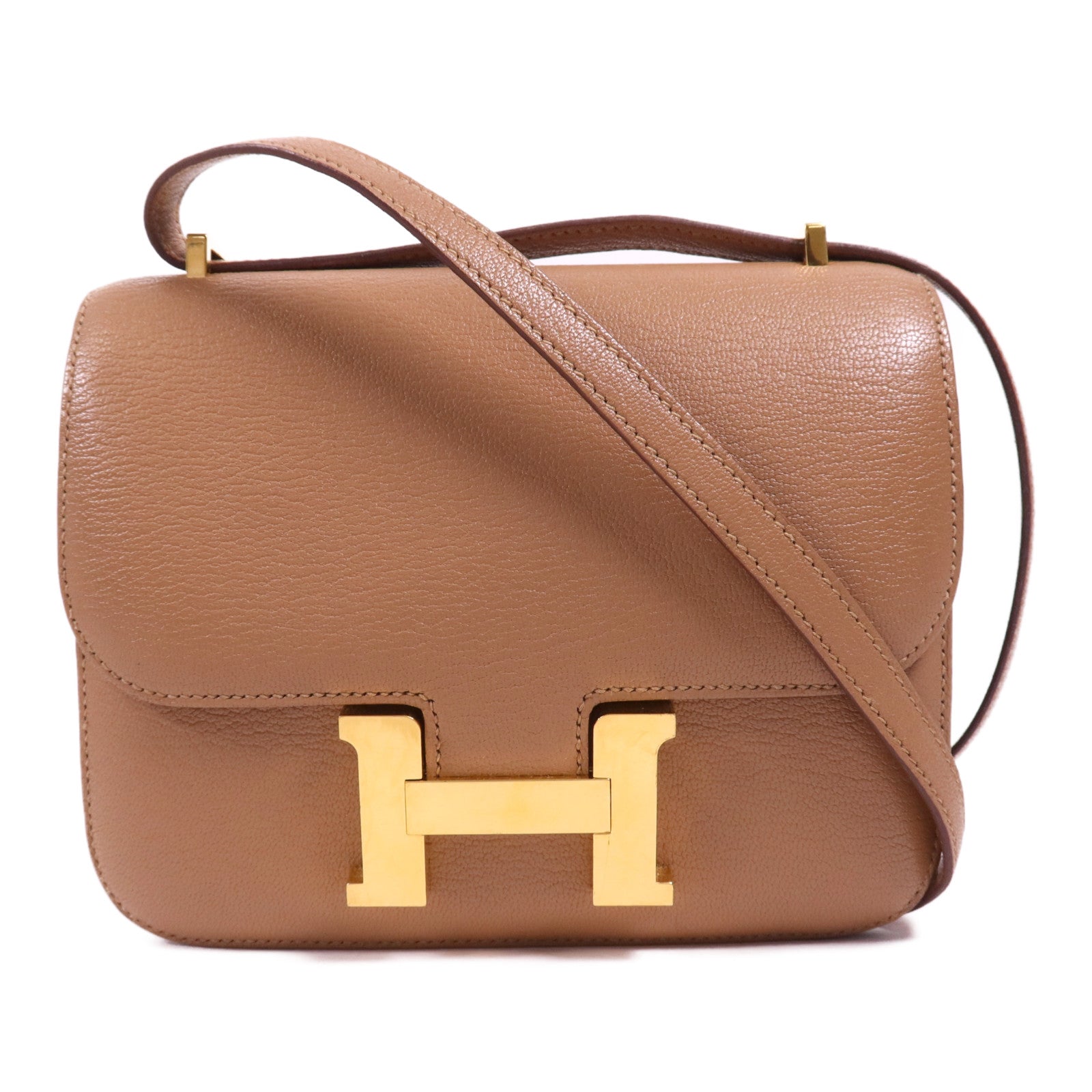 HERMES Chevre皮革Constance Mini金扣肩背袋Almond