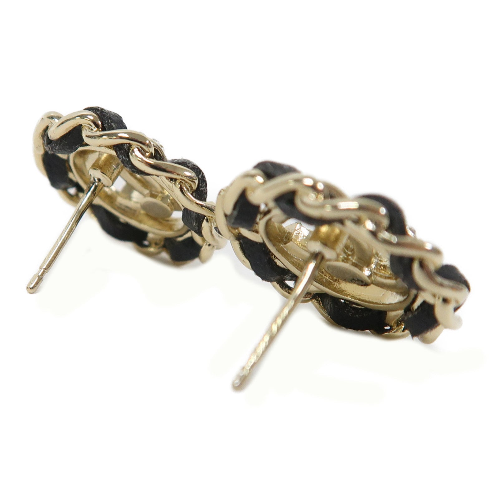CHANEL 皮革/金屬Earrings耳環金色/黑色