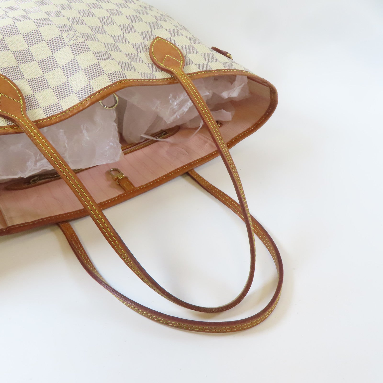 LOUIS VUITTON Damier Azur Neverfull MM金扣手挽袋白色
