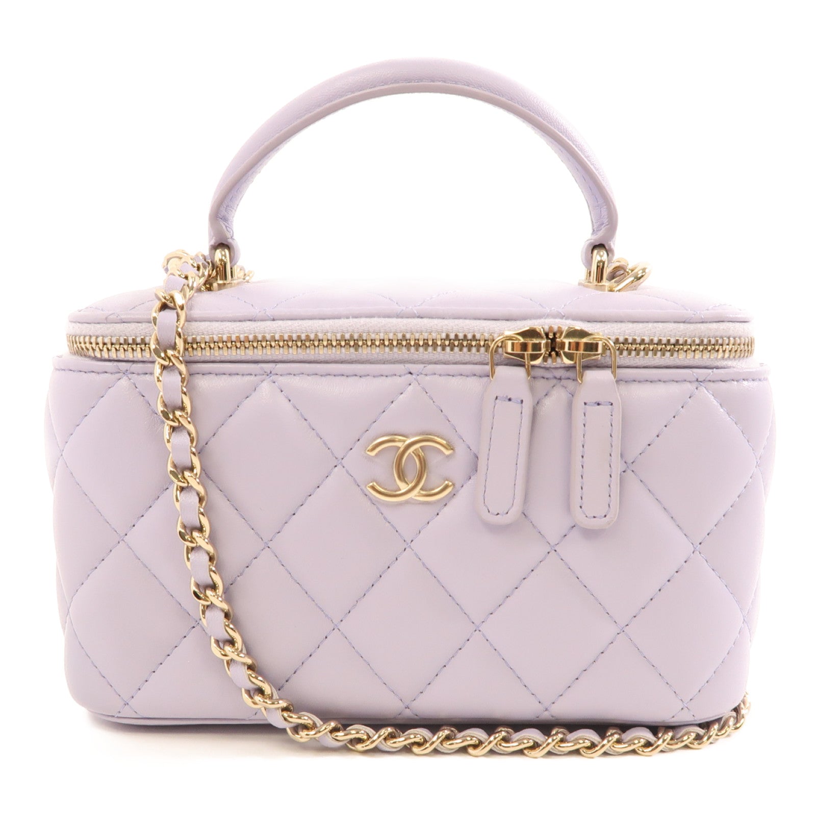 CHANEL 菱格羊皮皮革Vanitiy Case金扣手挽肩背兩用袋紫色