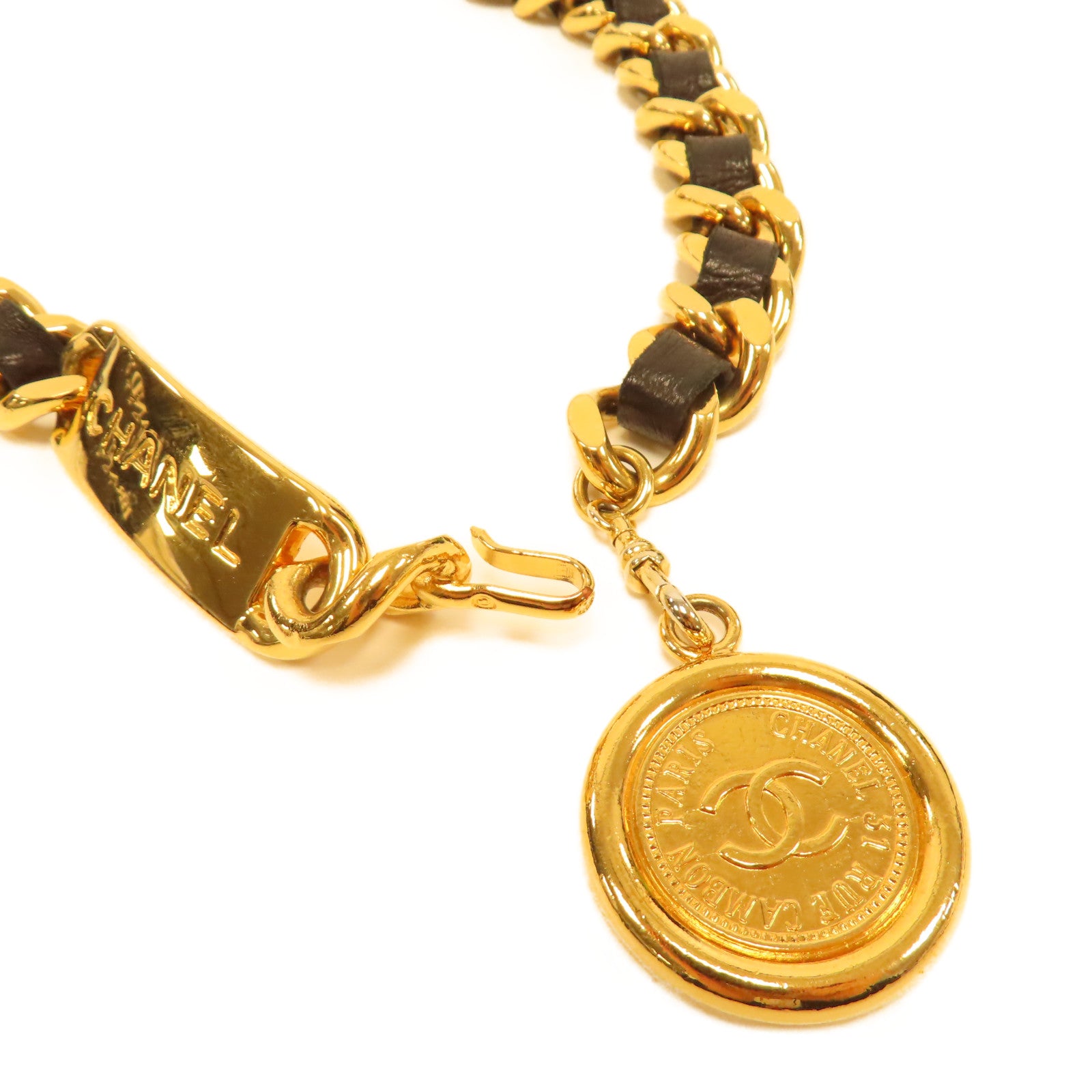 CHANEL 金屬/皮革Vintage Chain Belt金扣皮帶黑色