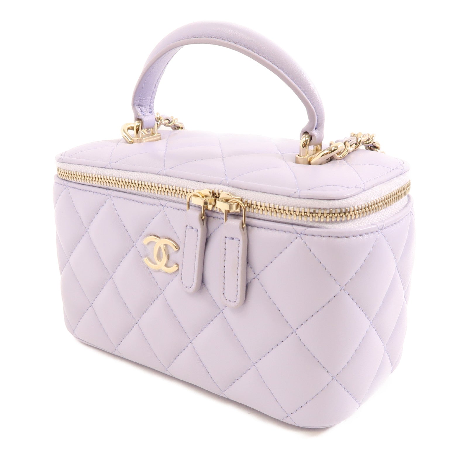 CHANEL 菱格羊皮皮革Vanitiy Case金扣手挽肩背兩用袋紫色