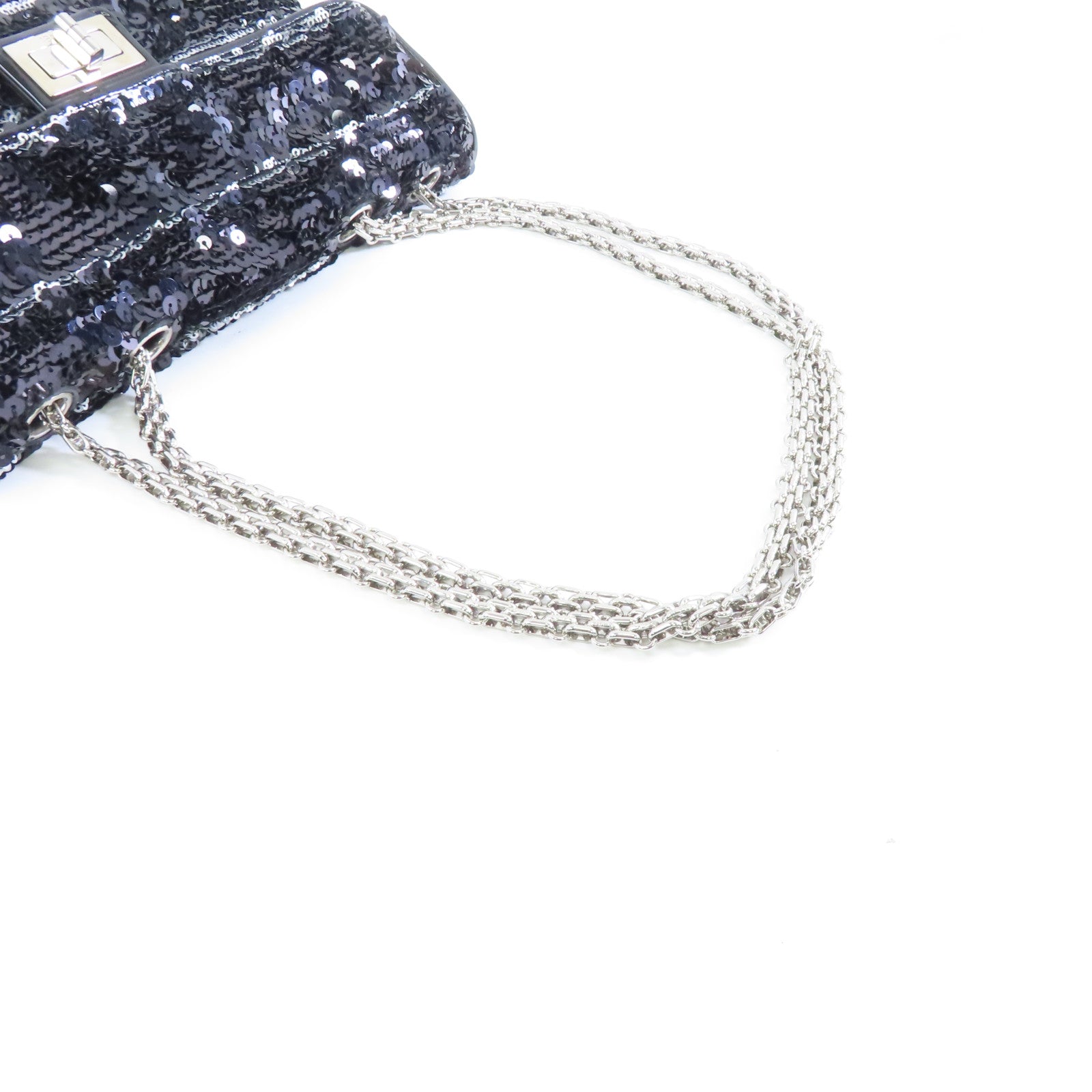 CHANEL 亮片Chain Shoulder銀扣鏈帶肩背袋黑色