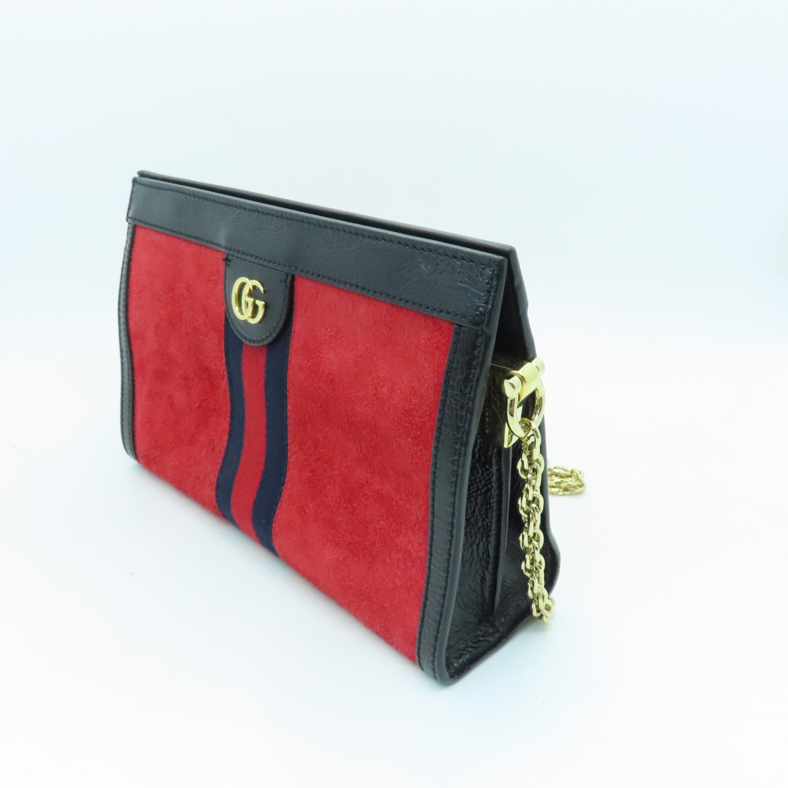 GUCCI Velvet/Craftskin Leather Ophidia Gold Buckle Chain Shoulder Bag Red/Black