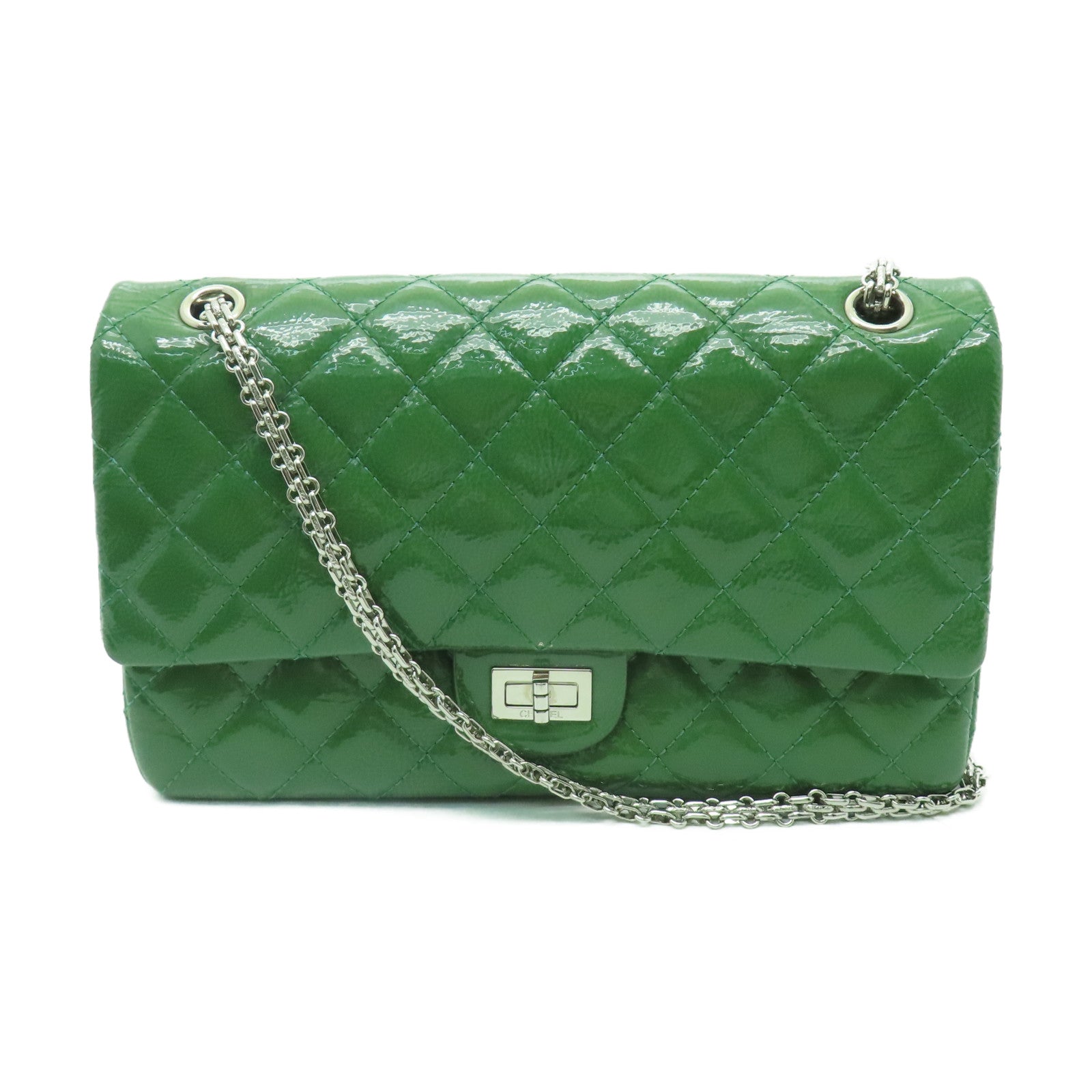 CHANEL **【激減優惠】菱格漆皮皮革2.55 Chain Shoulder銀扣鏈帶肩背袋綠色