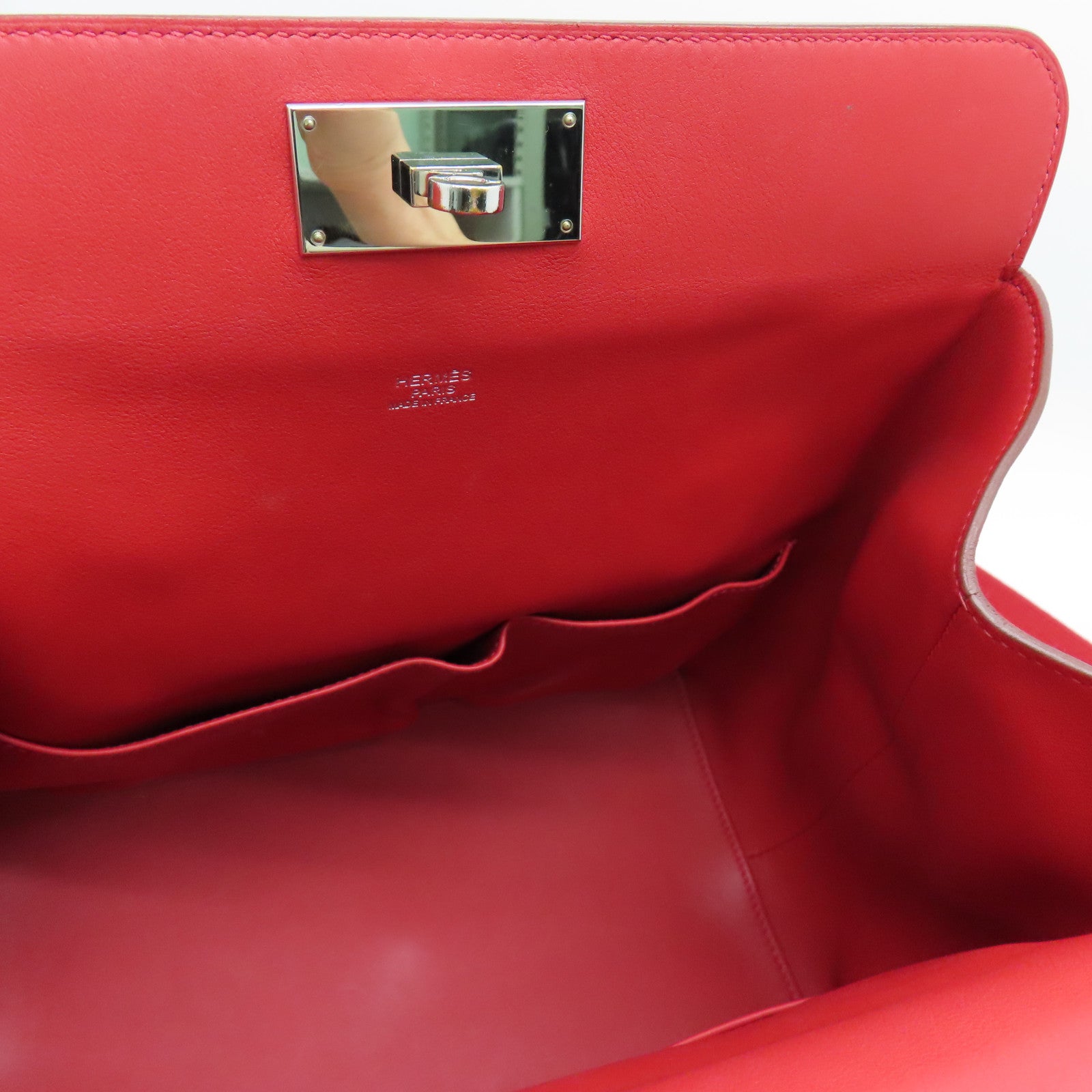 HERMES Swift Leather Tool Box Silver Buckle Handle Shoulder Bag Red