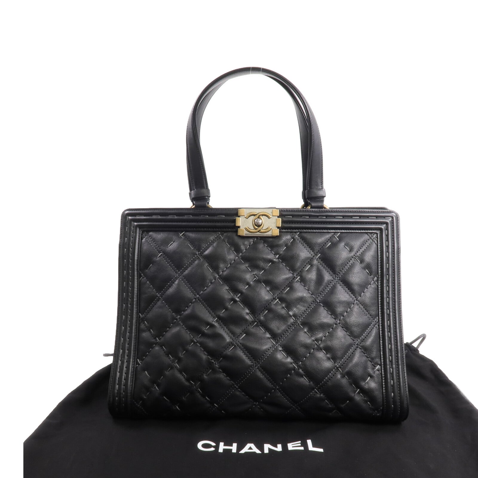 CHANEL 牛皮皮革Boy Tote金扣手挽袋