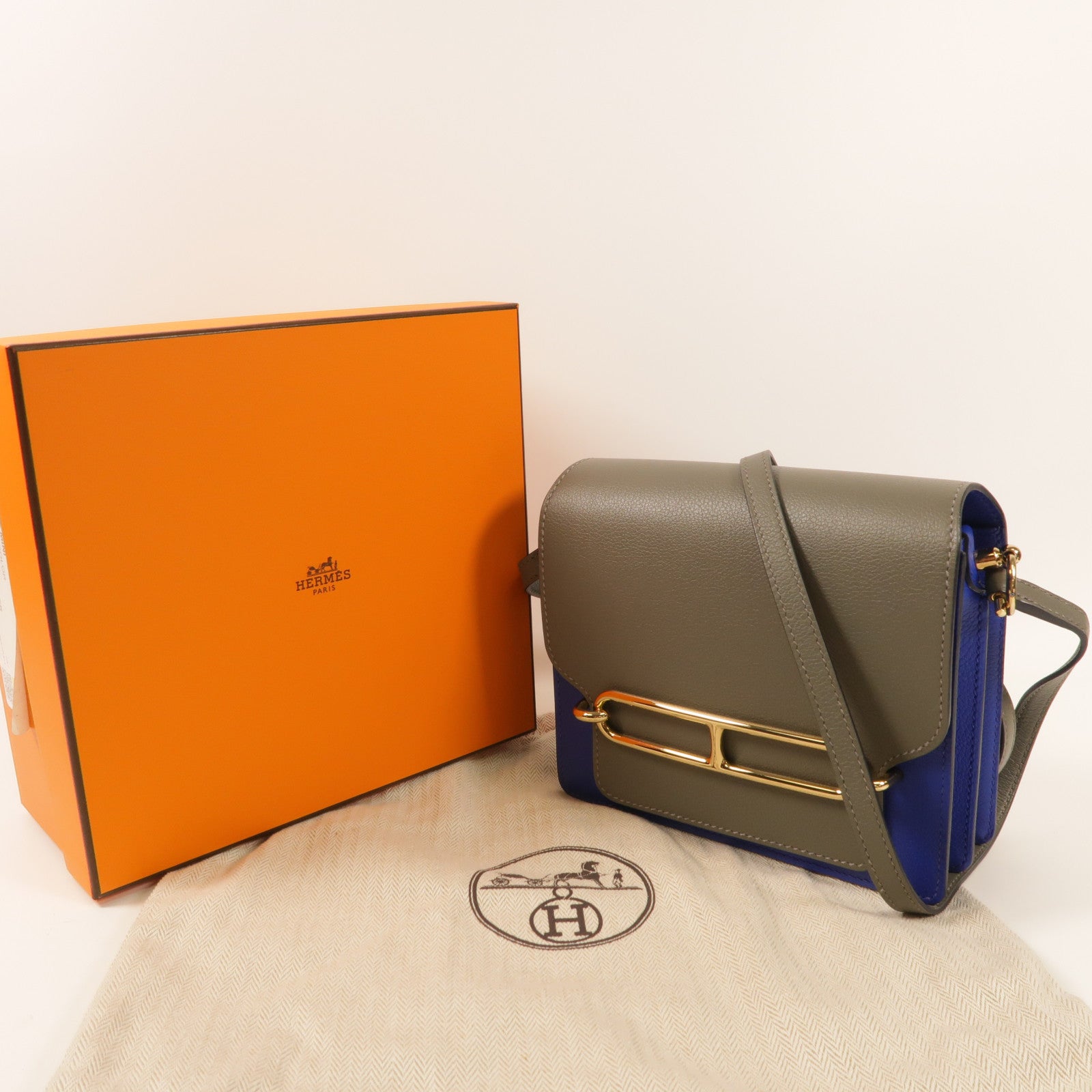 HERMES Evercolor皮革Mini Roulis金扣肩背袋灰色/藍色