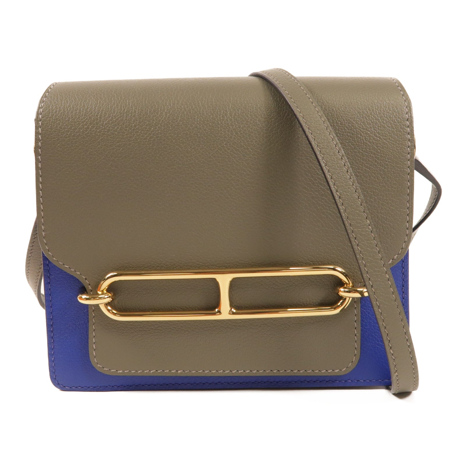 HERMES Evercolor皮革Mini Roulis金扣肩背袋灰色/藍色