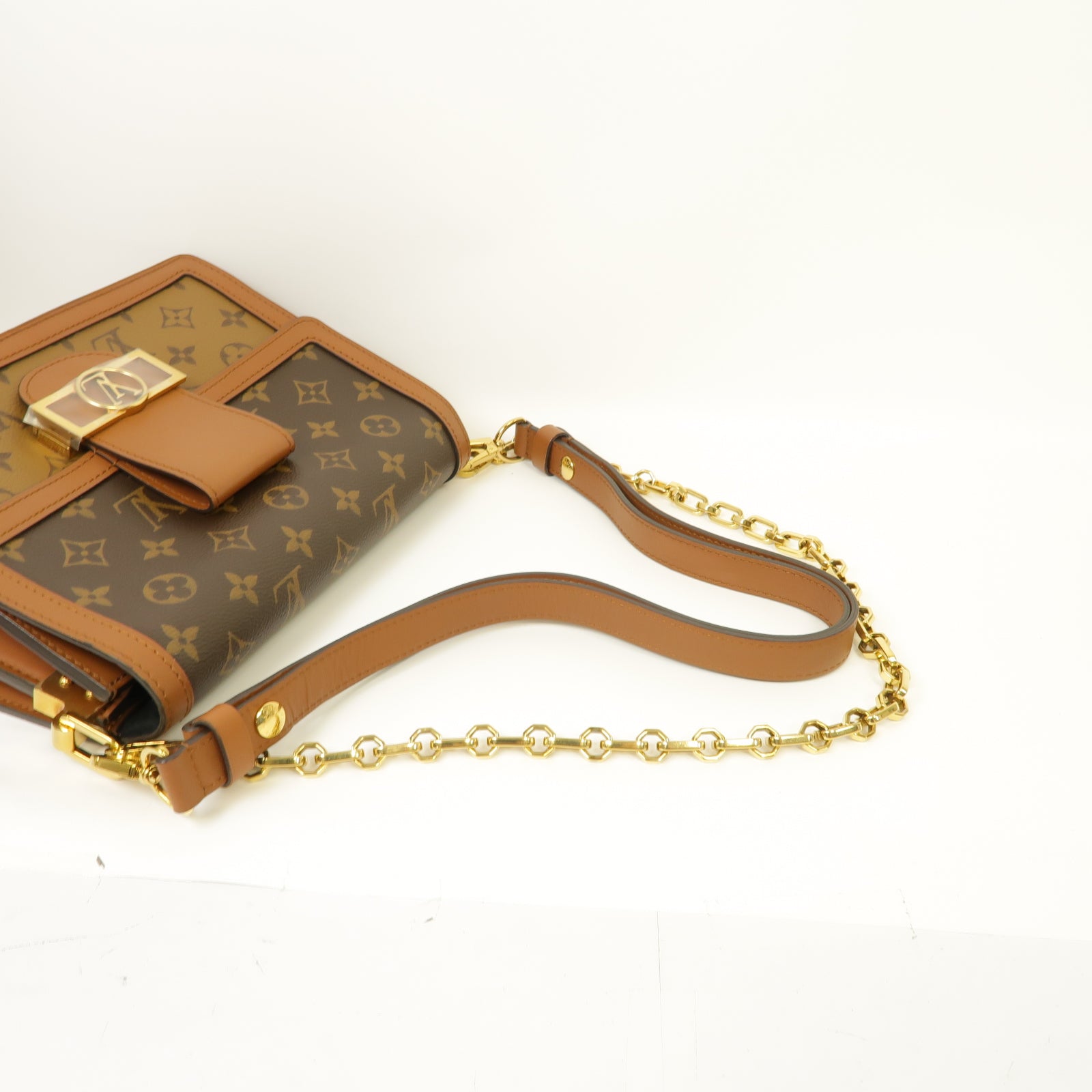 LOUIS VUITTON Monogram Reverse Dauphine金扣鏈帶肩背袋棕色