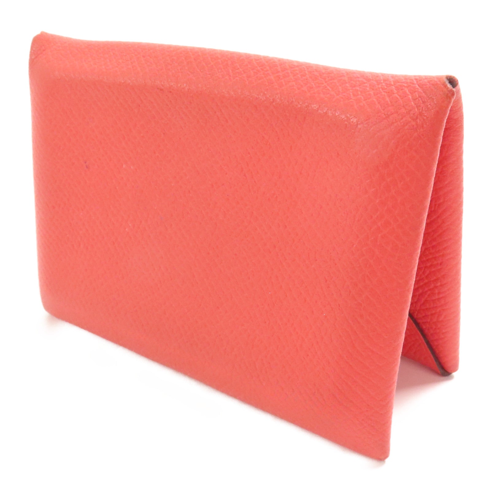 HERMES Epsom皮革Calvi銀扣卡片套Rouge Pivoine