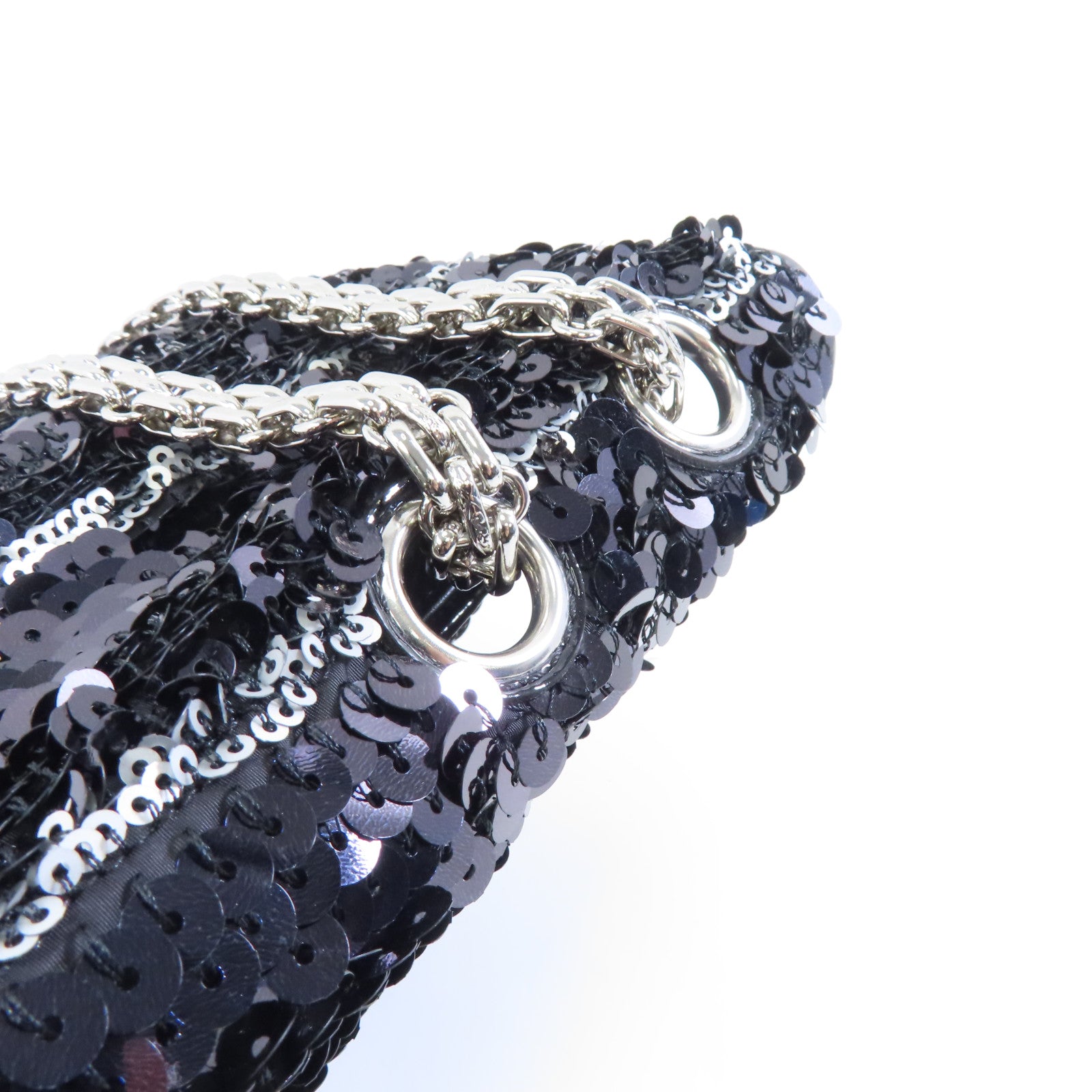 CHANEL 亮片Chain Shoulder銀扣鏈帶肩背袋黑色