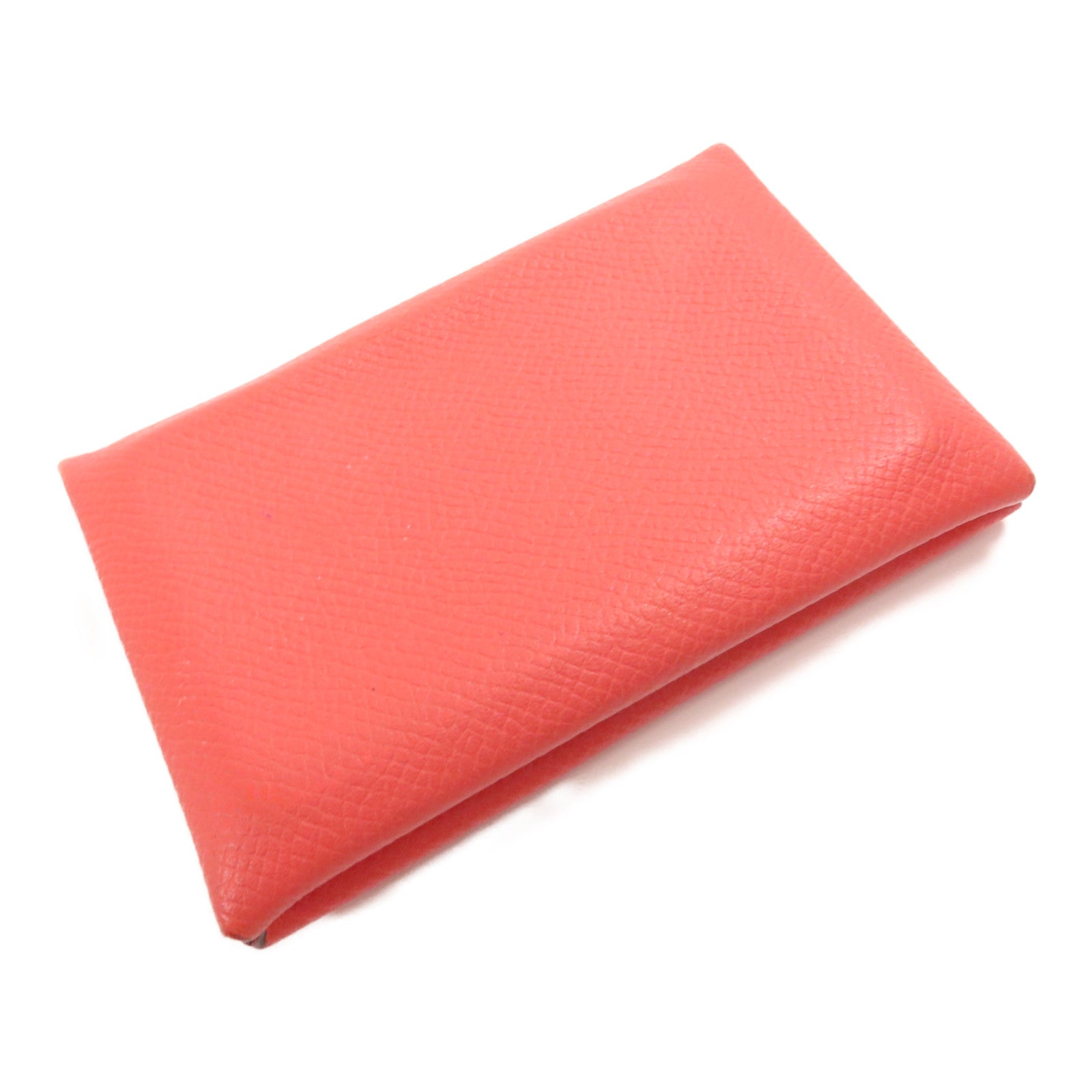 HERMES Epsom皮革Calvi銀扣卡片套Rouge Pivoine