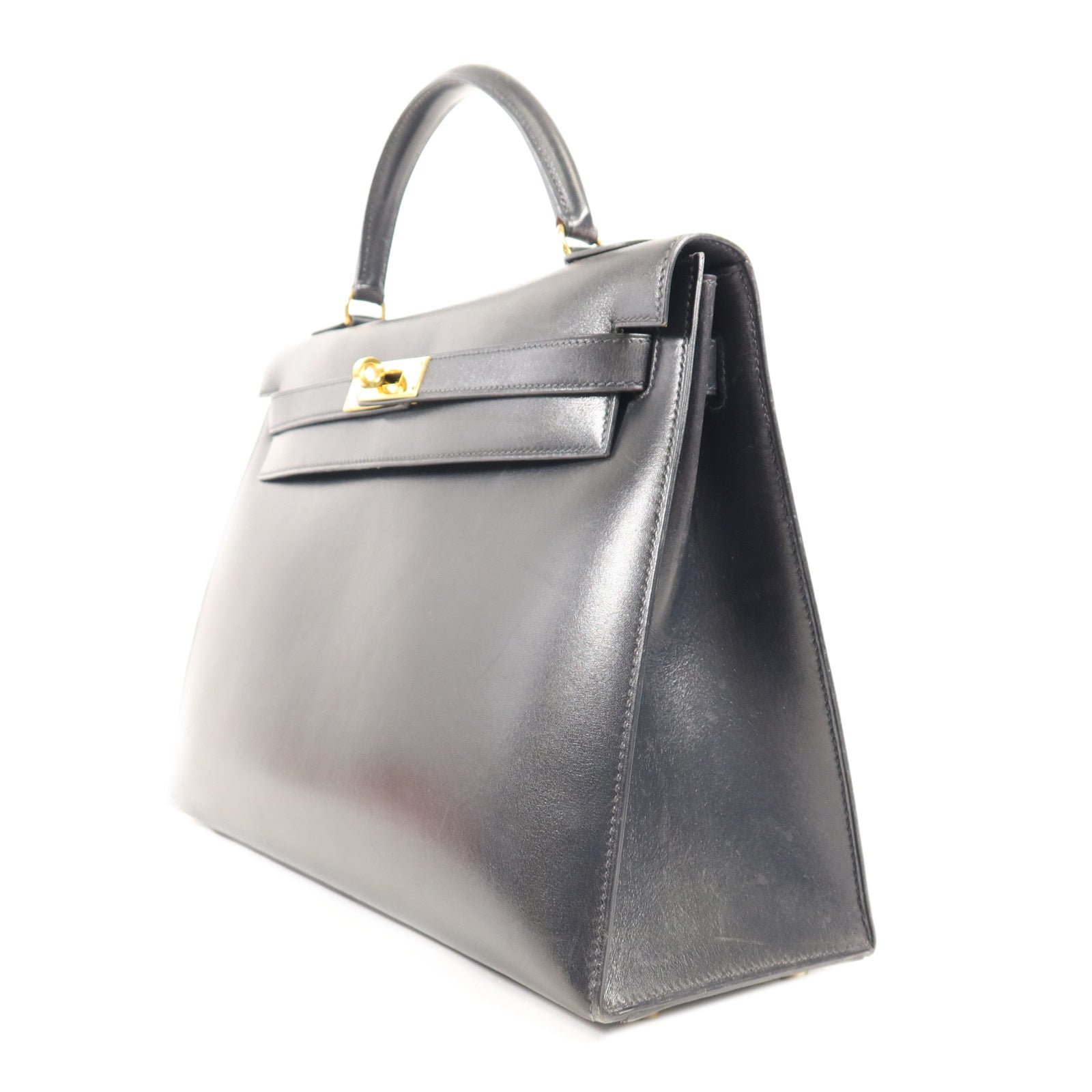 HERMES Box Calf皮革Kelly 32金扣手挽袋Noir