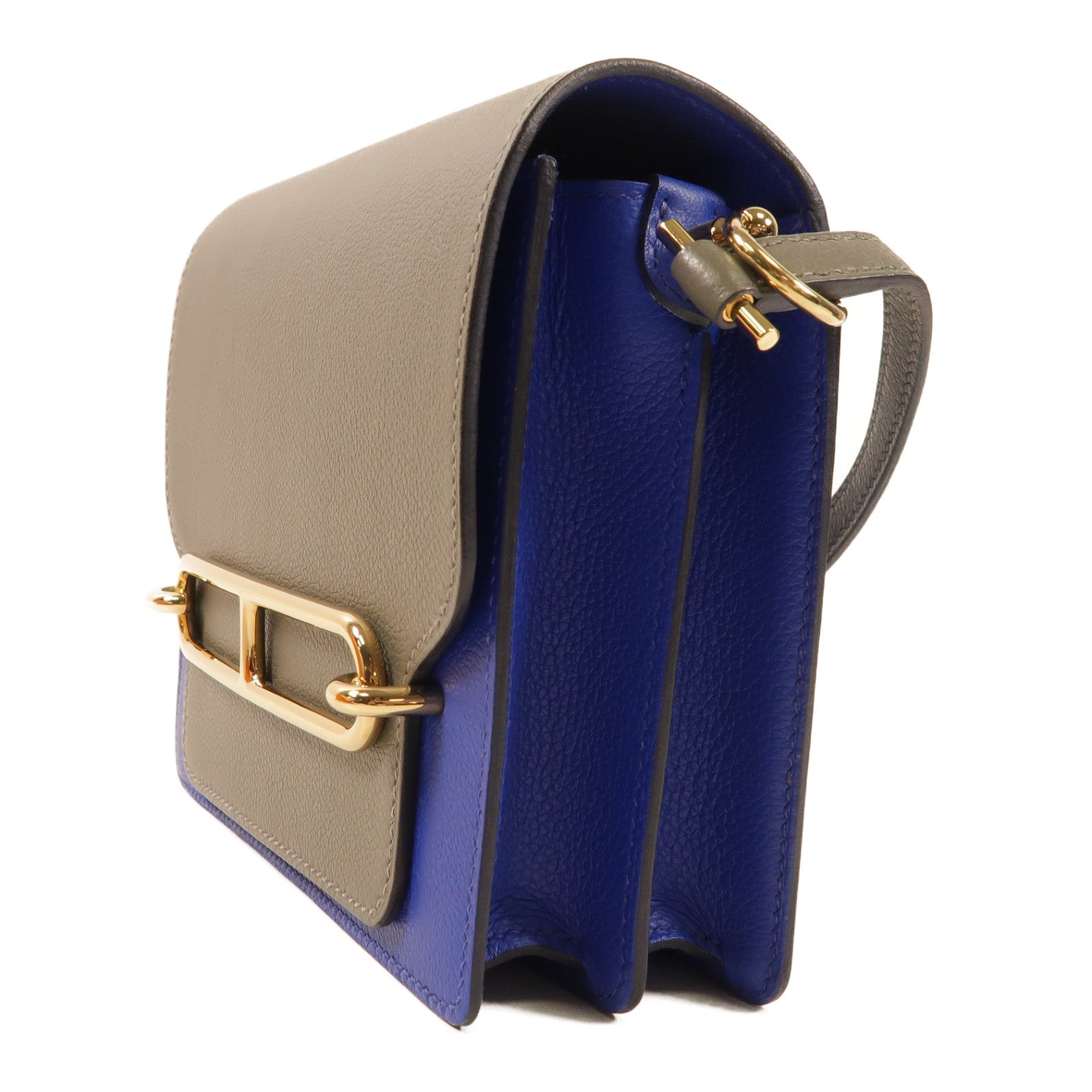 HERMES Evercolor皮革Mini Roulis金扣肩背袋灰色/藍色