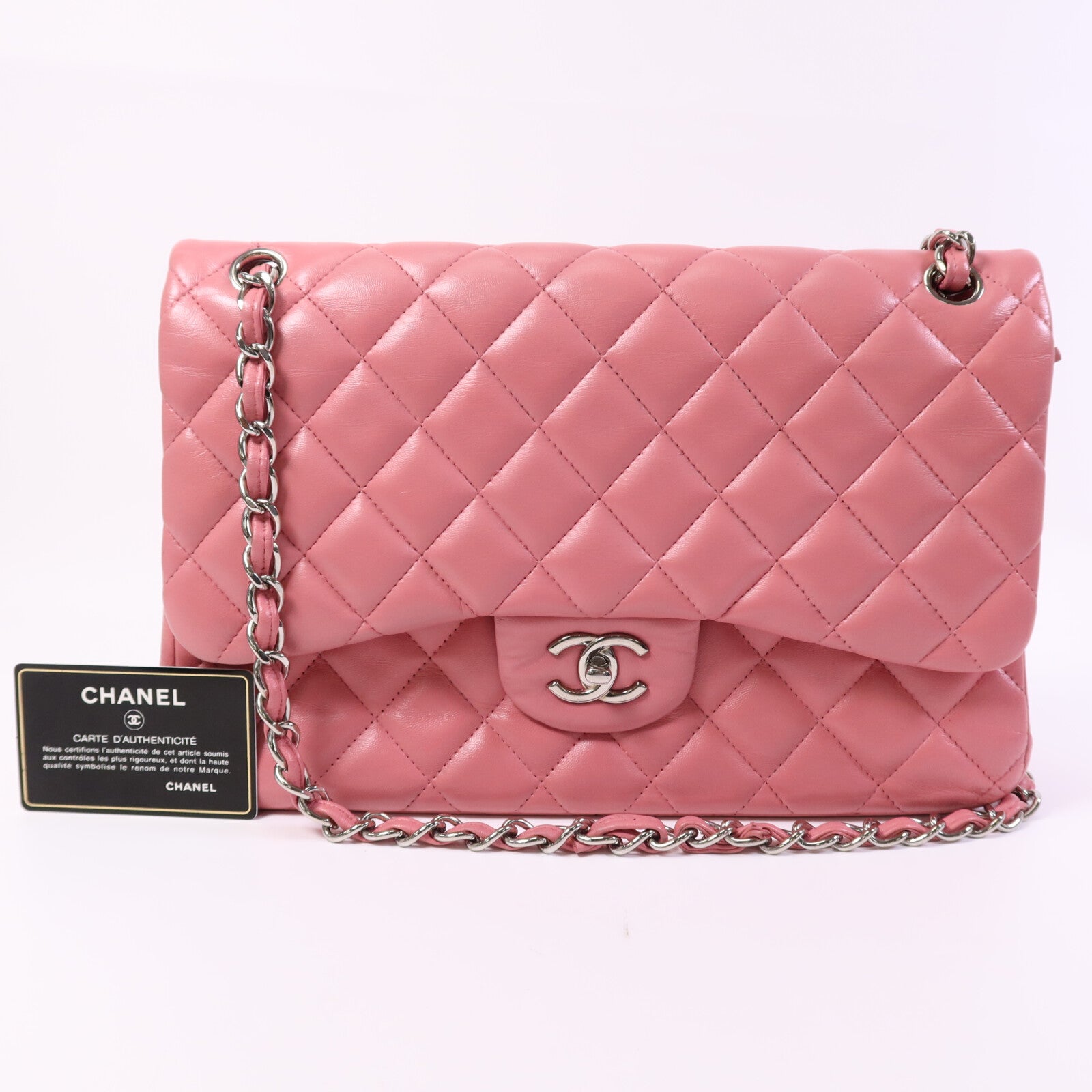CHANEL 羊皮皮革Large Classic銀扣鏈帶肩背袋