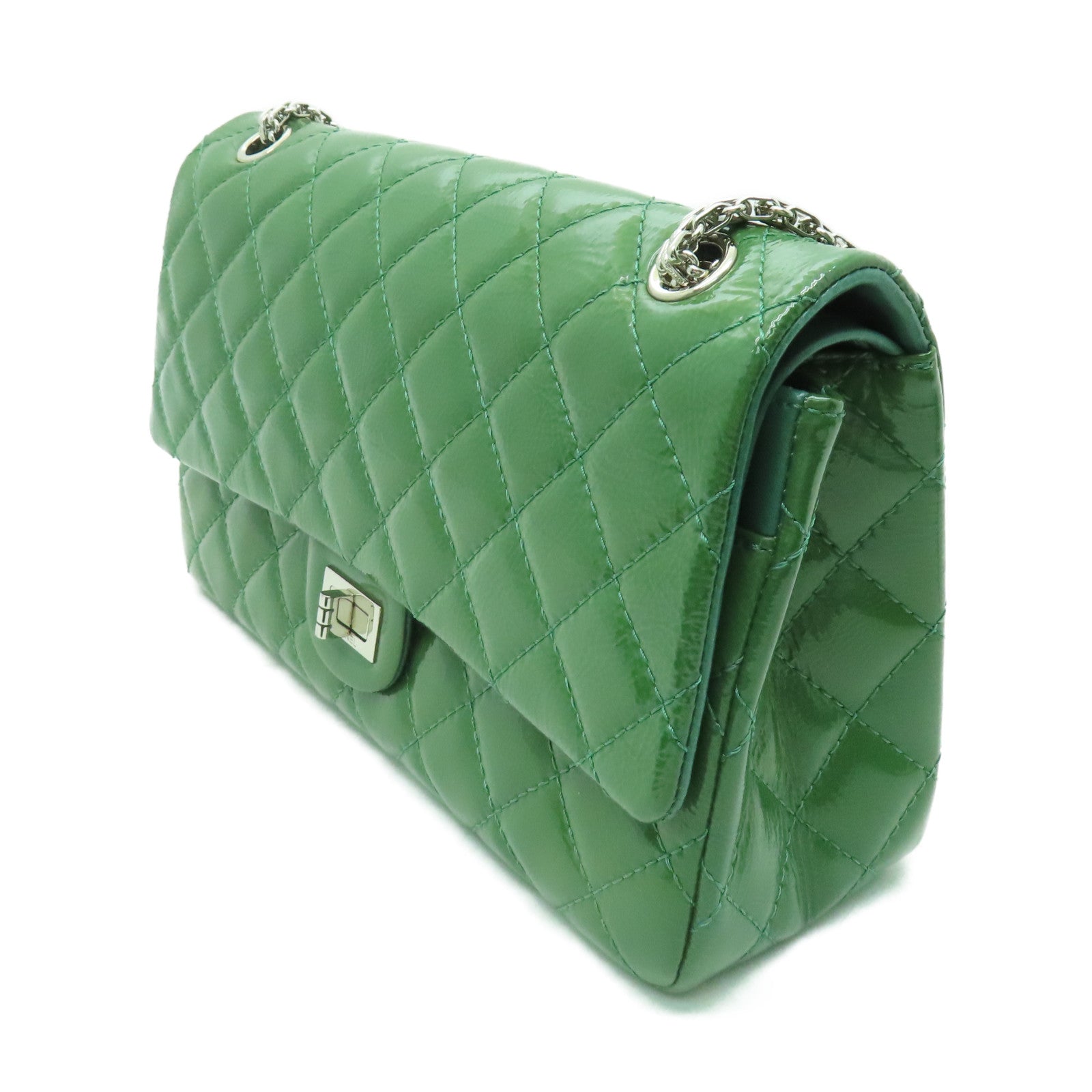 CHANEL **【激減優惠】菱格漆皮皮革2.55 Chain Shoulder銀扣鏈帶肩背袋綠色