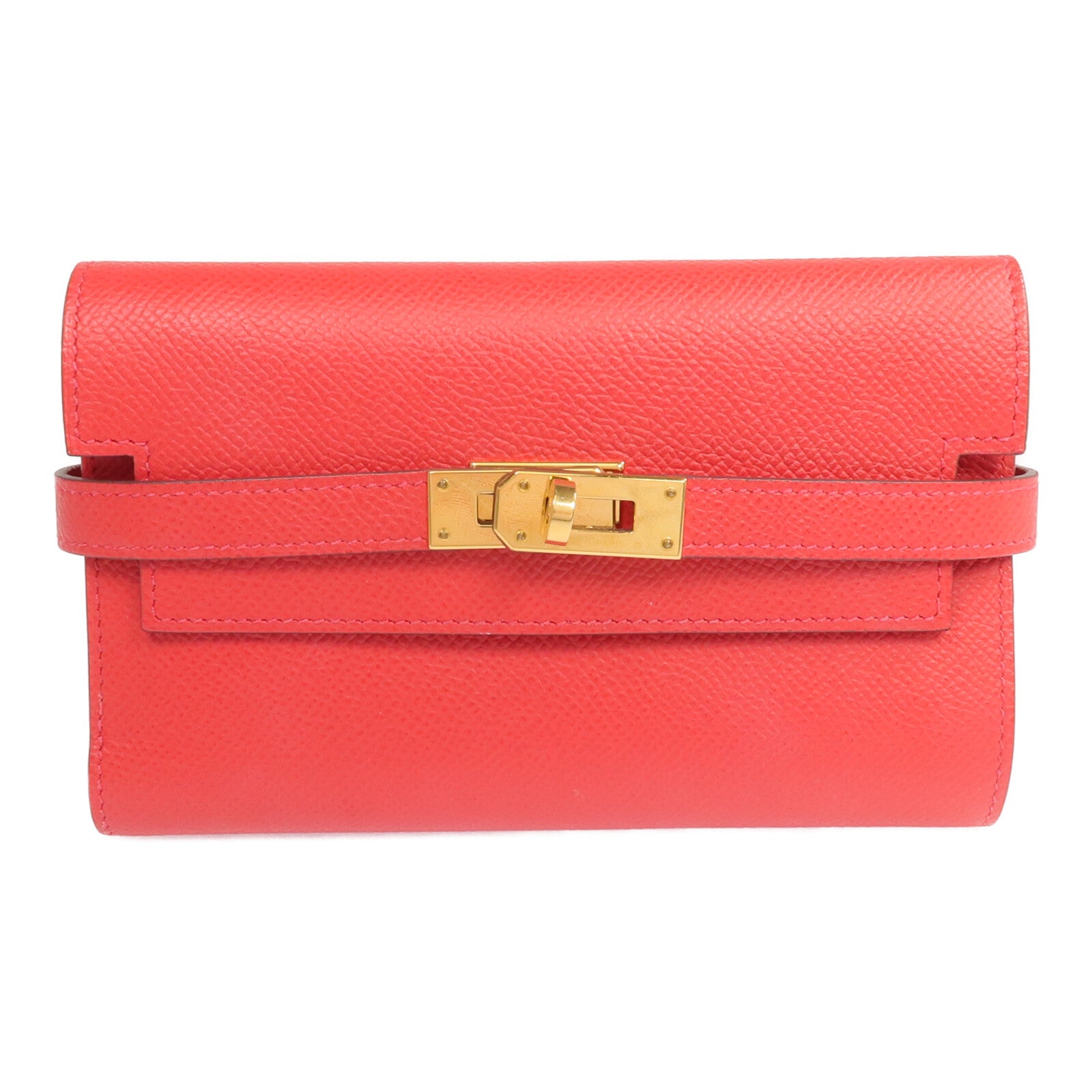 HERMES 【激減優惠】Epsom皮革Kelly Short Wallet金扣錢包Rouge de Coeur