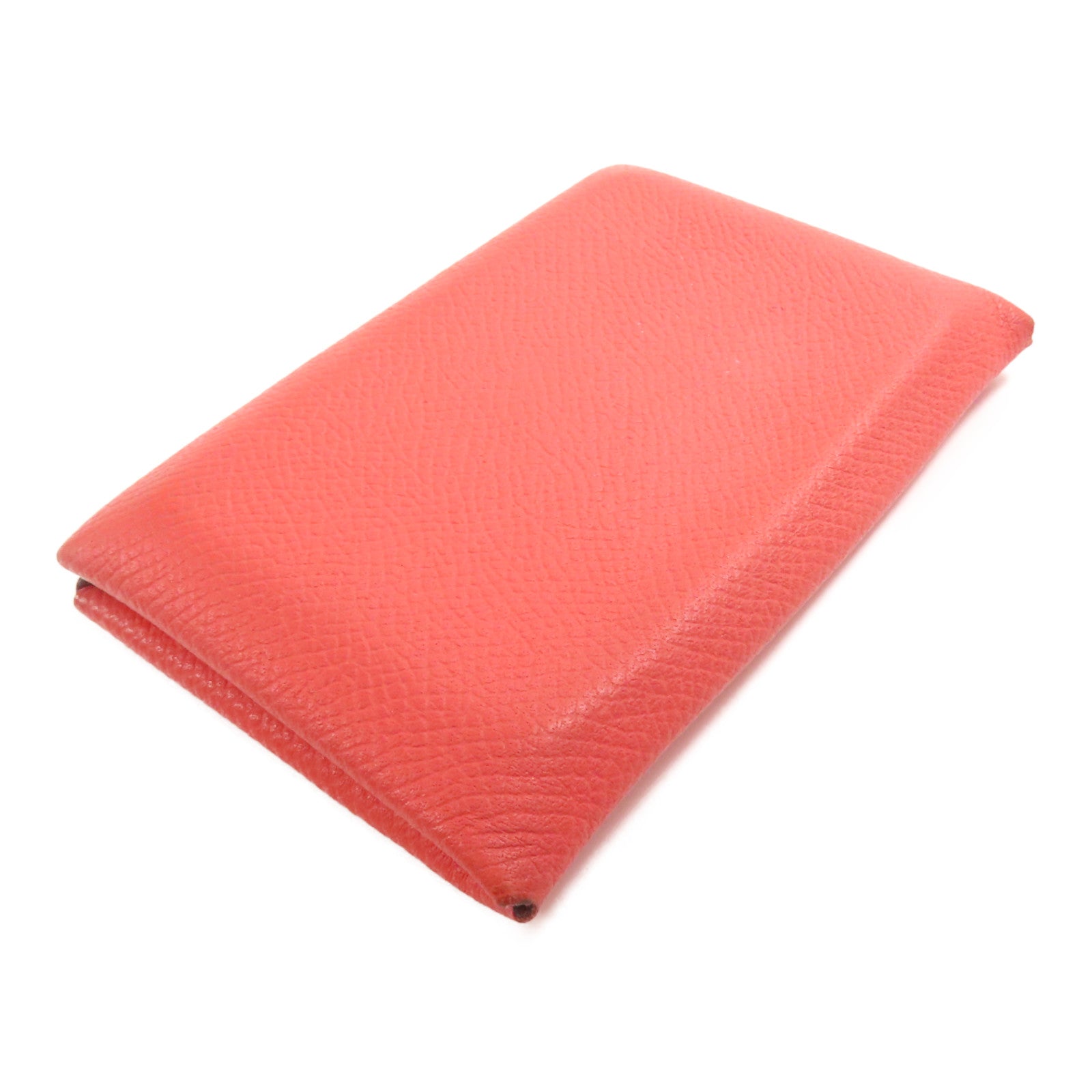 HERMES Epsom皮革Calvi銀扣卡片套Rouge Pivoine