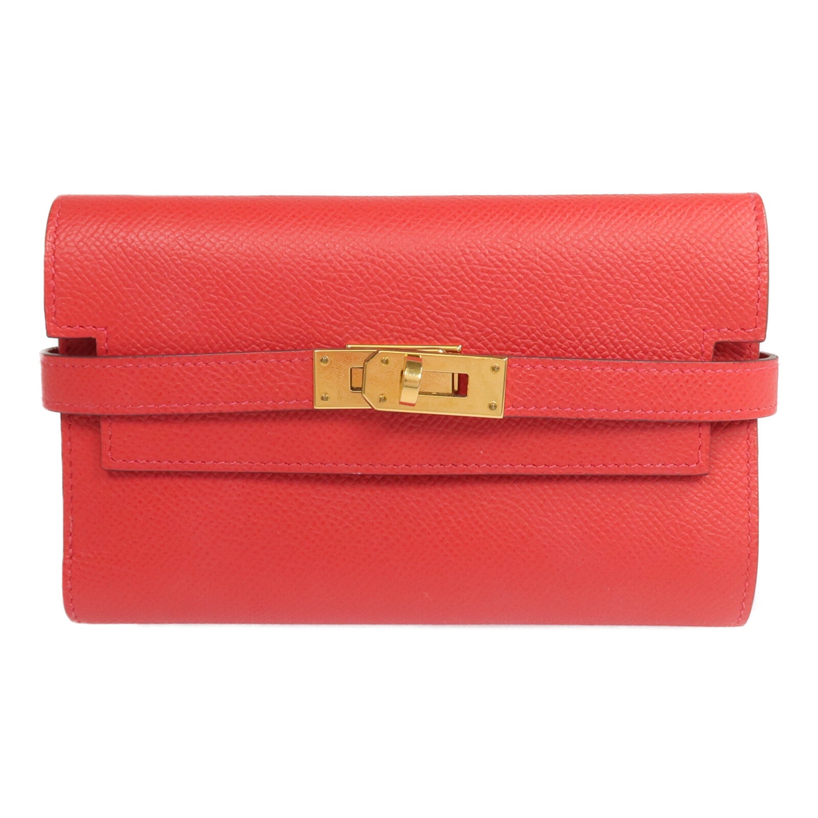 HERMES 【激減優惠】Epsom皮革Kelly Short Wallet金扣錢包Rouge de Coeur