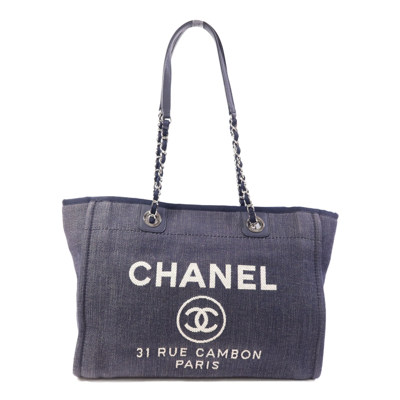 CHANEL 牛仔布Deauville銀扣鏈帶肩背袋
