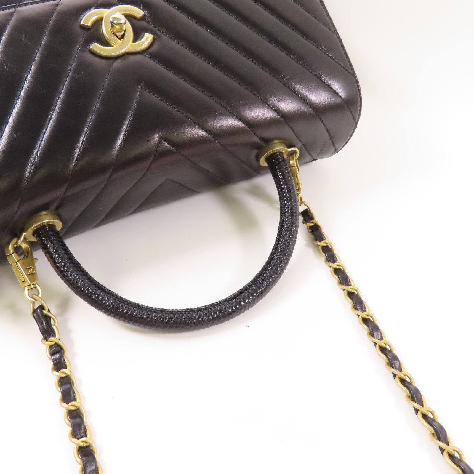 CHANEL【激減優惠】 牛皮/蜥蝪皮革皮革Coco Handle金扣鏈帶手挽肩背兩用袋