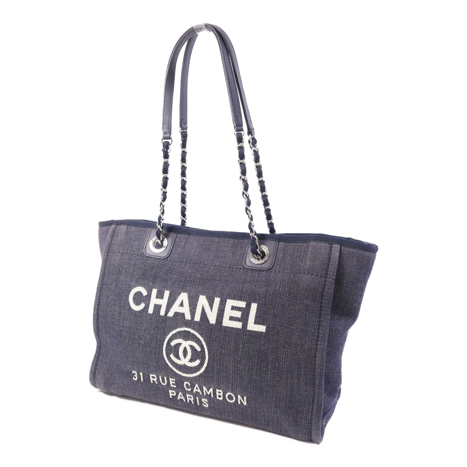 CHANEL 牛仔布Deauville銀扣鏈帶肩背袋