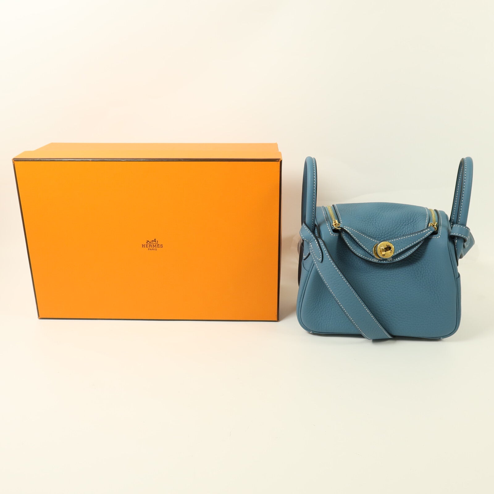 HERMES 【激減優惠】Clemence皮革Mini Lindy金扣手挽肩背兩用袋Blue Jean