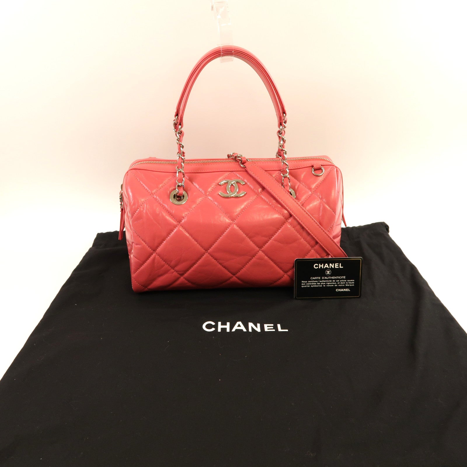 CHANEL 【激減優惠】菱格牛皮皮革2way Shoulder Bag銀扣手挽肩背兩用袋粉紅色