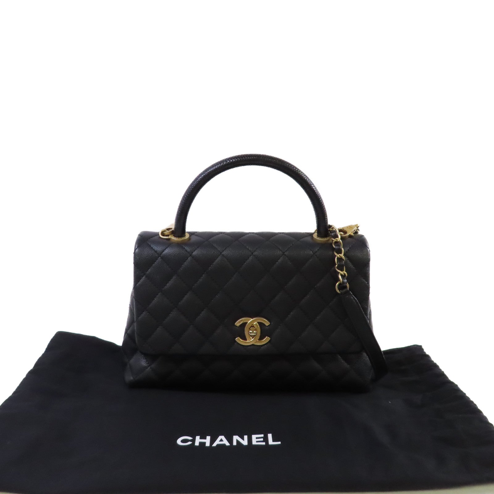 CHANEL 菱格Caviar皮革/蜥蝪皮革CoCo Handle 2Way Chain Shoulder Bag金扣手挽肩背兩用袋黑色
